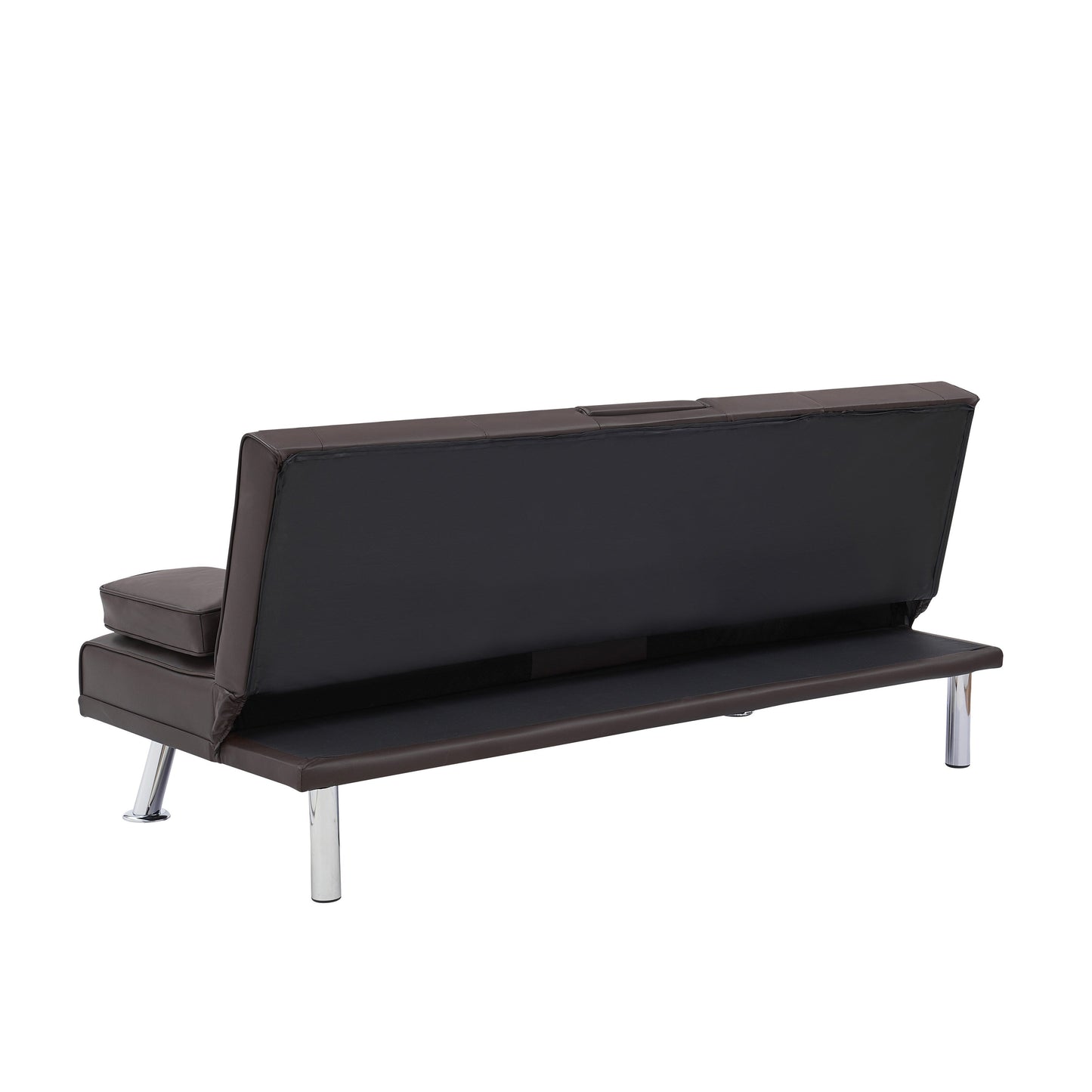 Divano letto a due posti in similpelle marrone 67 con 2 portabicchieri e gambe in acciaio inox per soggiorno