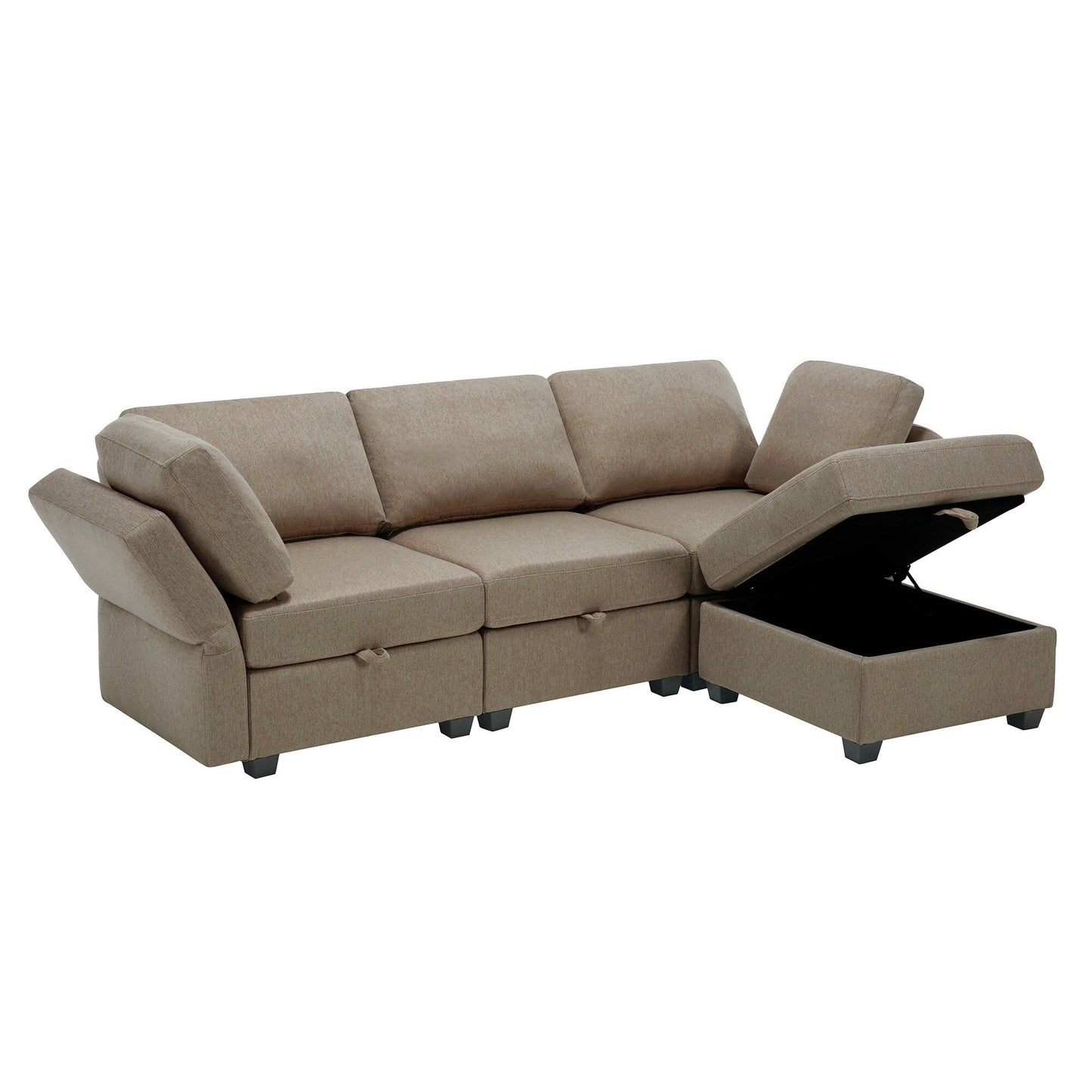 Divano componibile modulare marrone da 87,9'' a 3 posti con pouf, braccioli e schienali regolabili, sedili contenitore e cuscini spessi