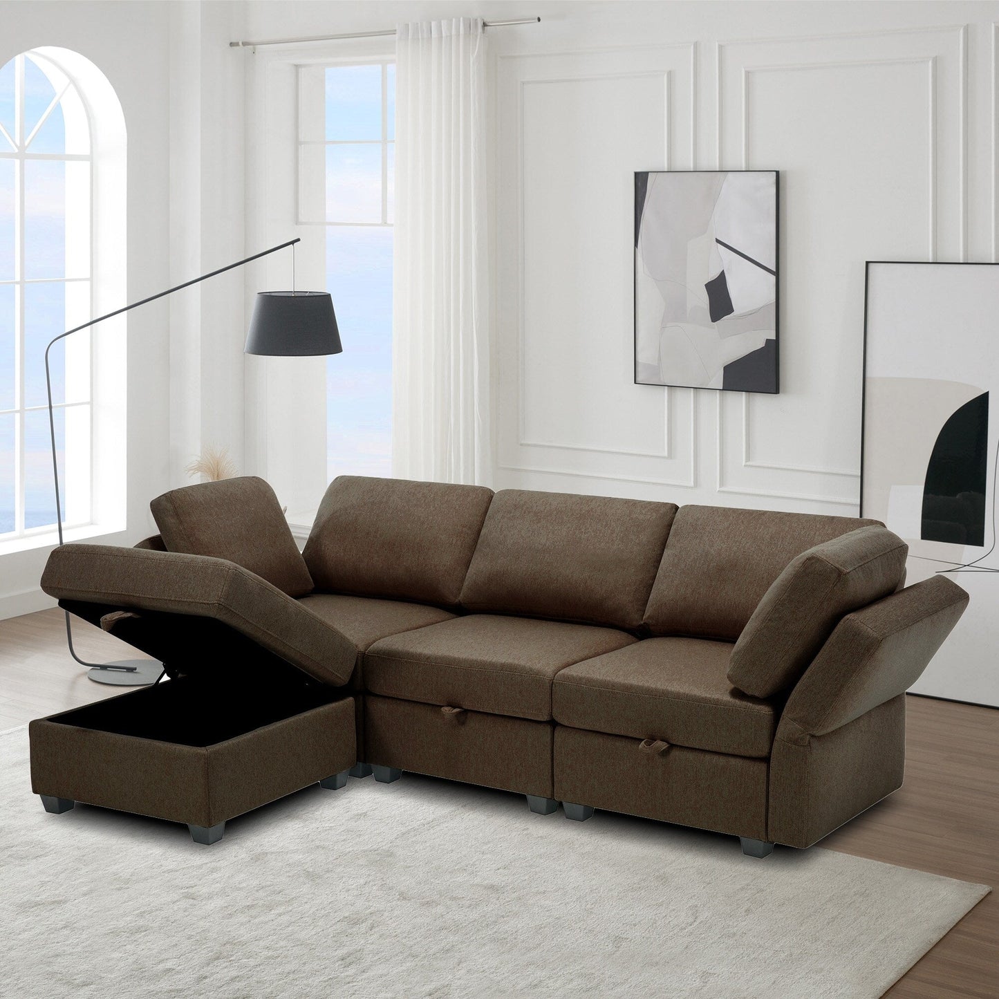 Divano componibile modulare marrone da 87,9'' a 3 posti con pouf, braccioli e schienali regolabili, sedili contenitore e cuscini spessi
