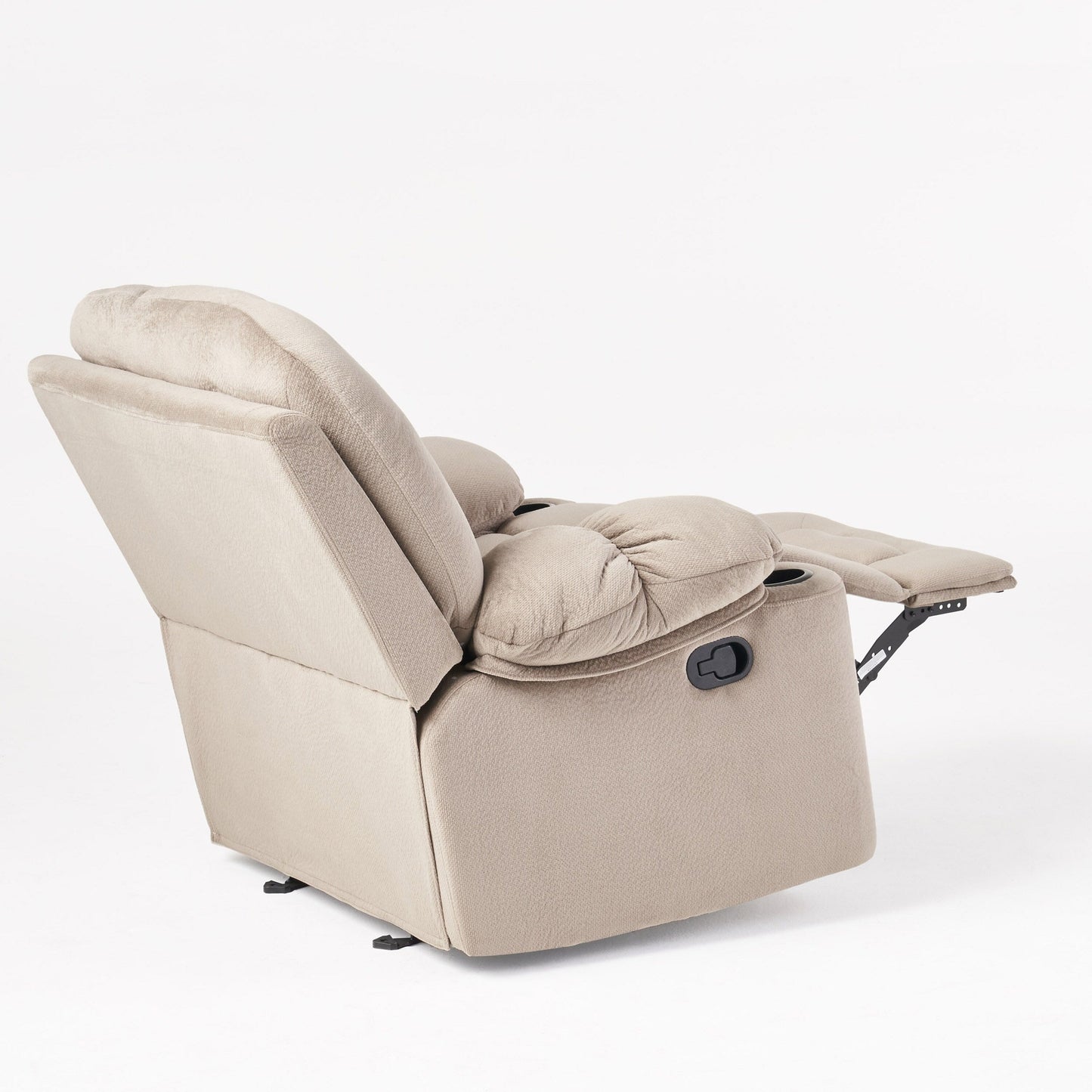 Poltrona reclinabile manuale in elegante tessuto marrone con doppio portabicchieri e dimensioni generose per il massimo relax