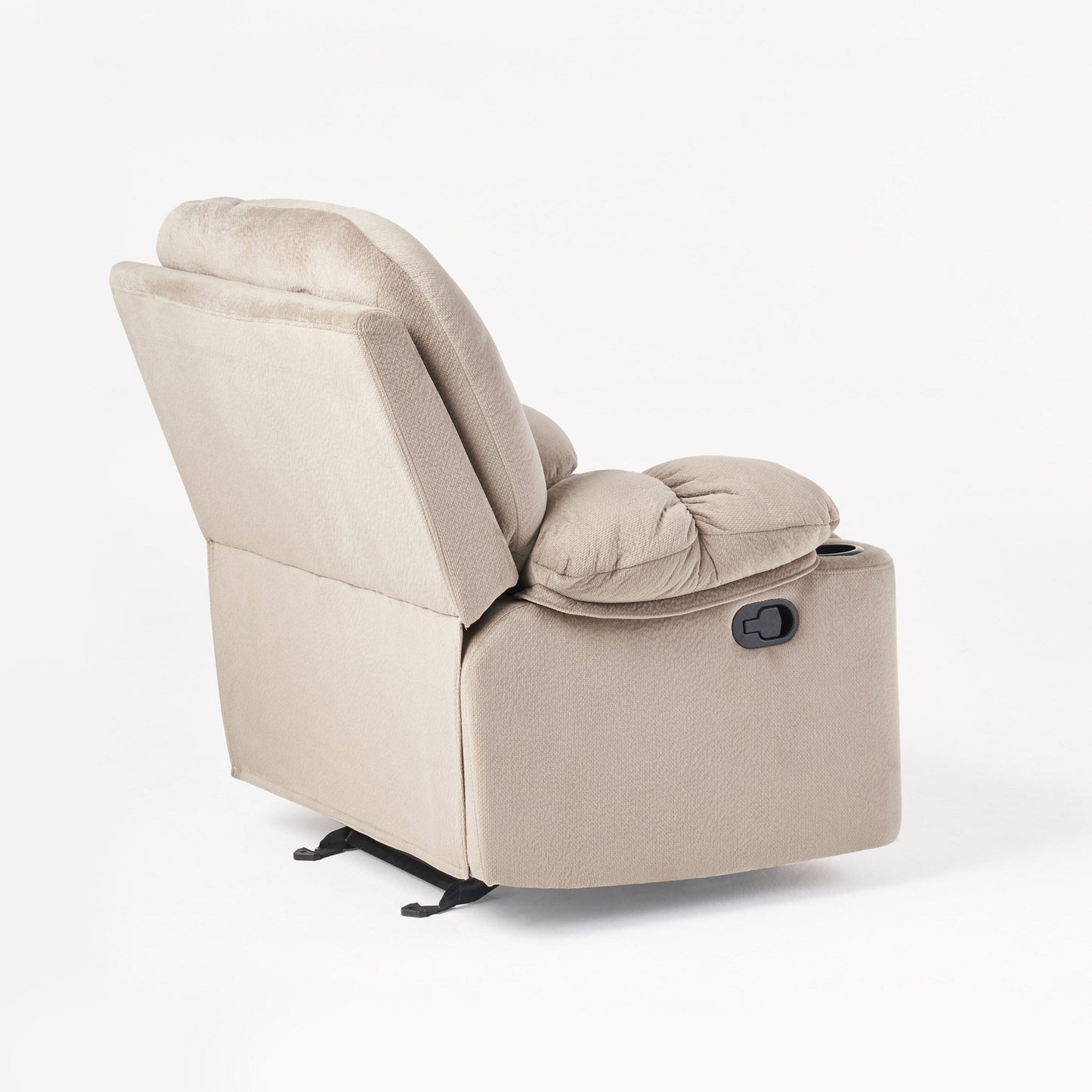 Poltrona reclinabile manuale in elegante tessuto marrone con doppio portabicchieri e dimensioni generose per il massimo relax