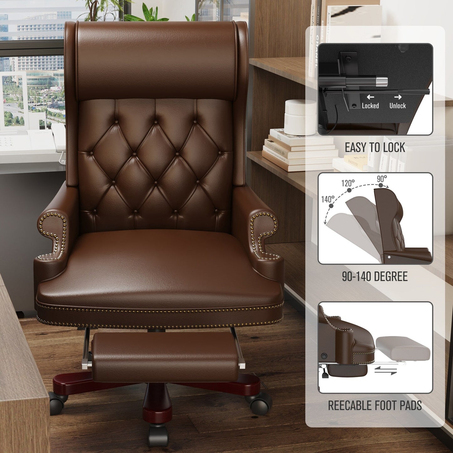 Poltrona girevole ergonomica da ufficio in similpelle marrone con poggiapiedi, schienale con bottoni trapuntati e decorazione con borchie