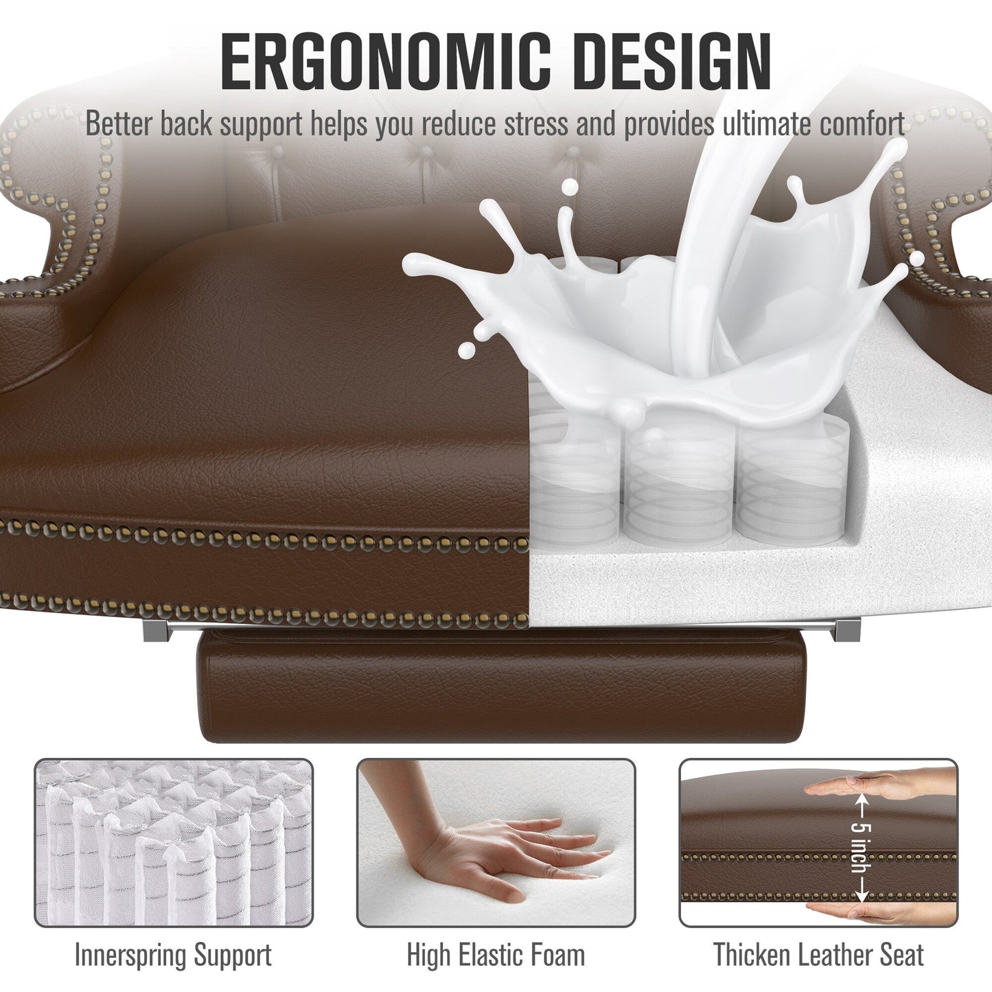 Poltrona girevole ergonomica da ufficio in similpelle marrone con poggiapiedi, schienale con bottoni trapuntati e decorazione con borchie
