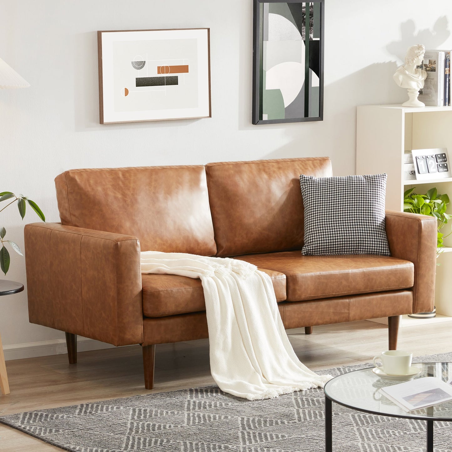 Divani a due posti in similpelle marrone Mid Century Modern 65 con struttura in legno massello e cuscino imbottito per soggiorno