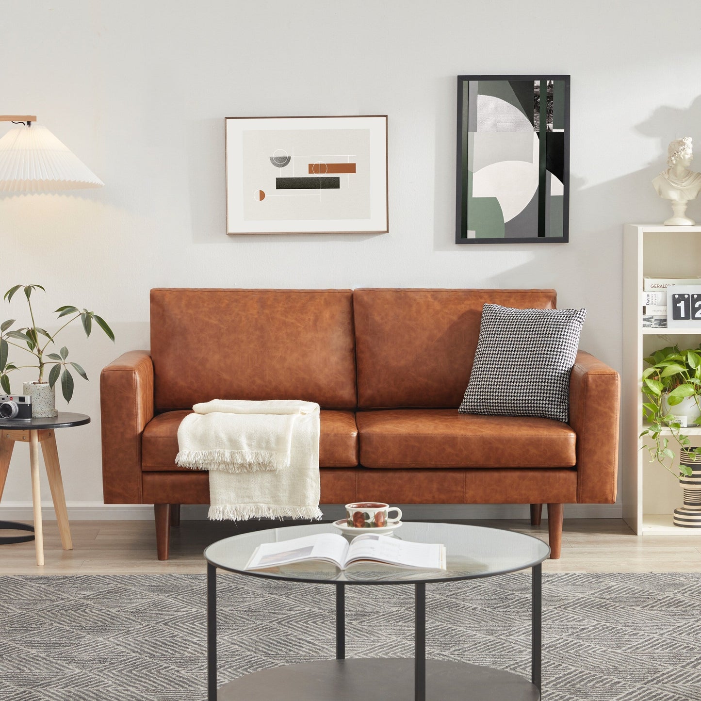 Divani a due posti in similpelle marrone Mid Century Modern 65 con struttura in legno massello e cuscino imbottito per soggiorno