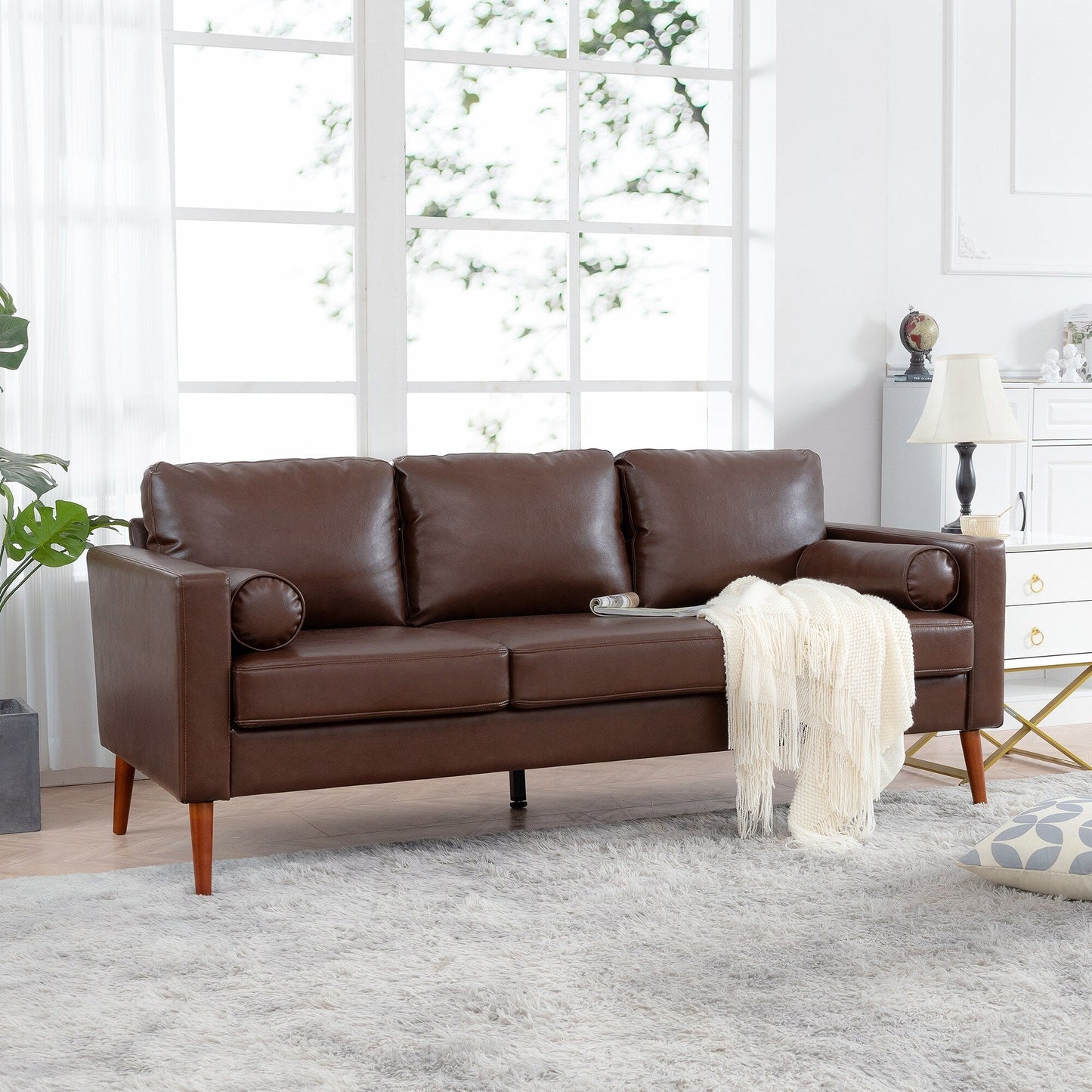 Divano a 3 posti in PU marrone Mid Century Modern 76,7 con struttura in ferro e legno per soggiorno