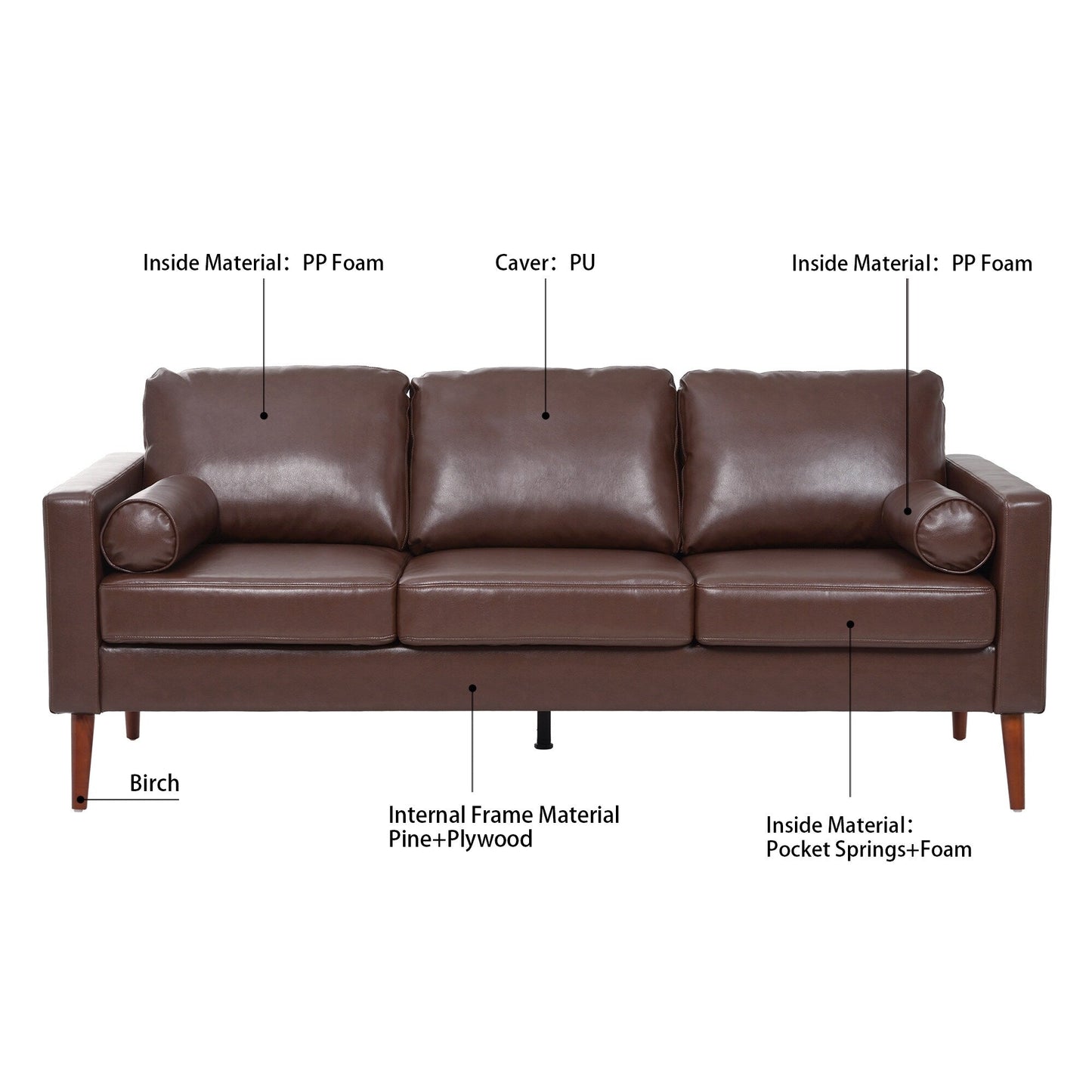 Divano a 3 posti in PU marrone Mid Century Modern 76,7 con struttura in ferro e legno per soggiorno