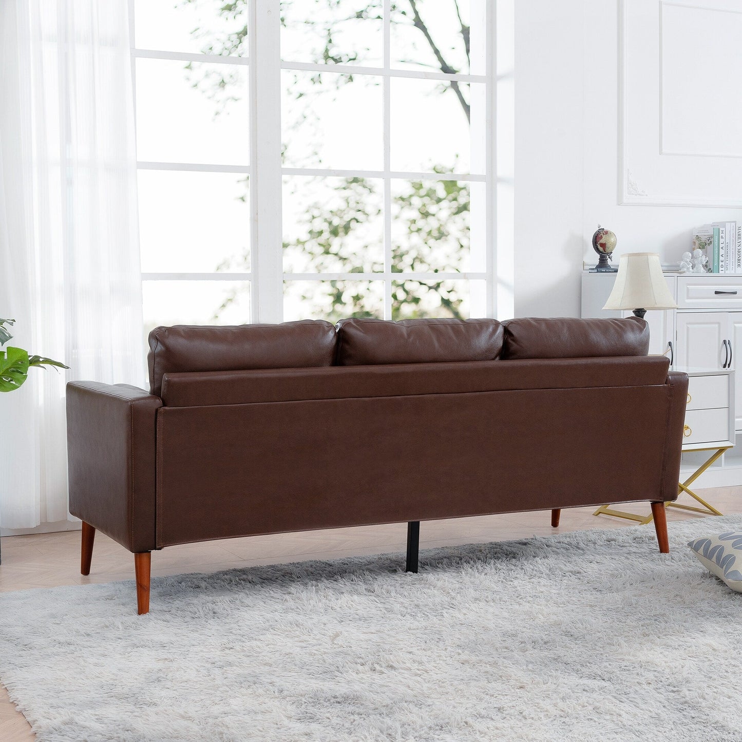 Divano a 3 posti in PU marrone Mid Century Modern 76,7 con struttura in ferro e legno per soggiorno