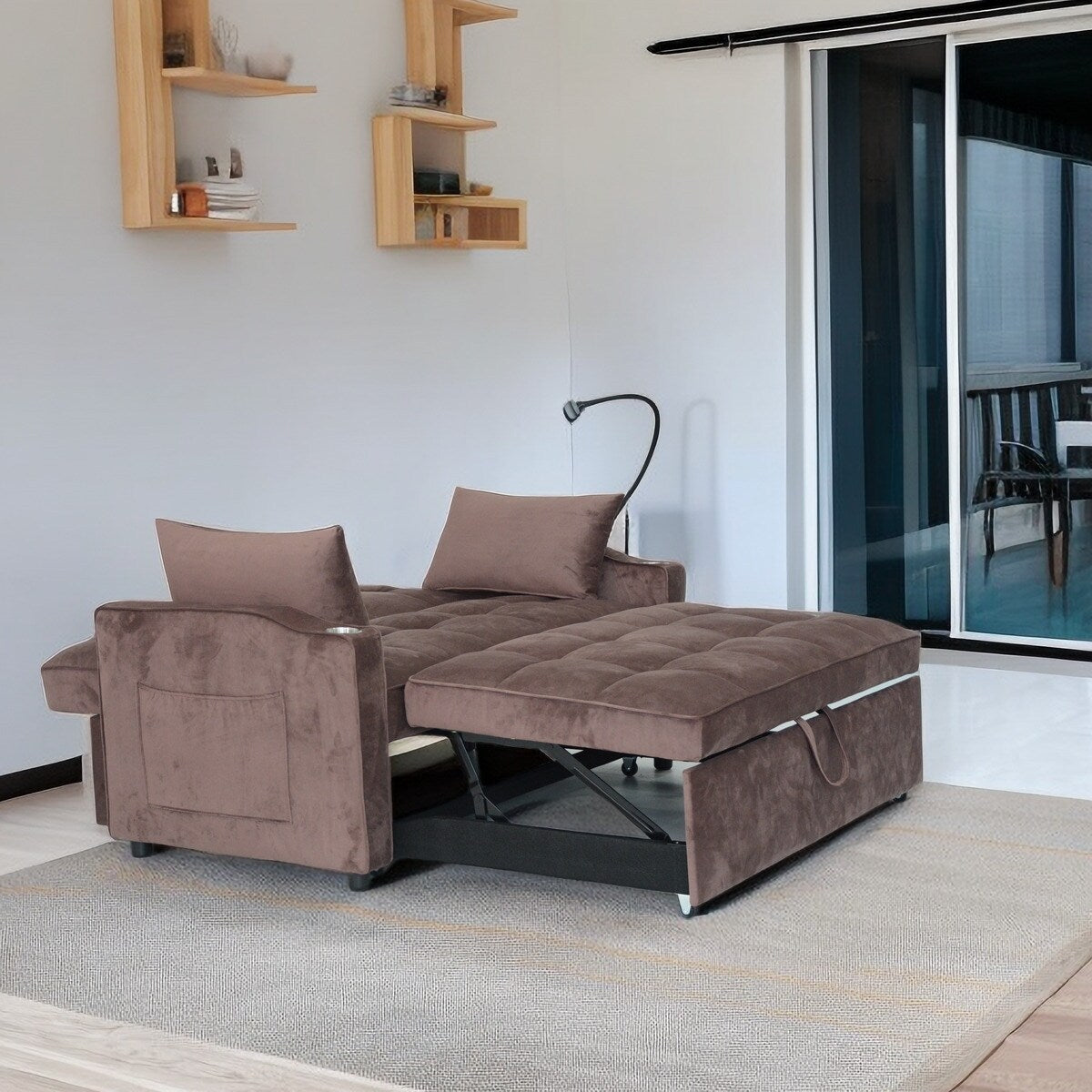 Divano letto trasformabile moderno marrone 54.33 con schienale reclinabile e porta telefono