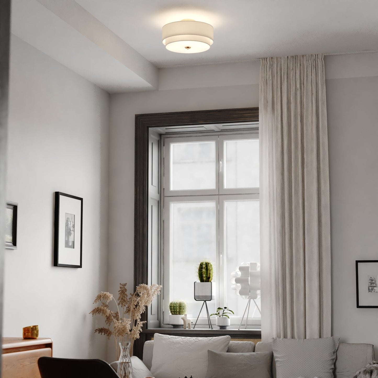 Lampada da soffitto Burnaby Mid-Century Modern con paralume a tamburo in lino bianco