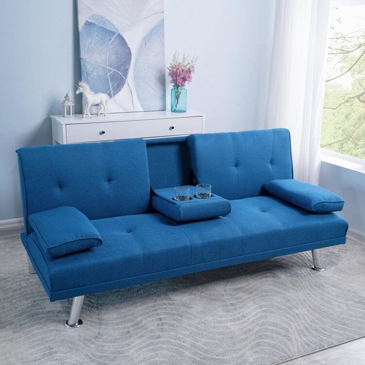 Collezione Ultimate Futon Sofa: Divano Futon con braccioli e portabicchieri, Divano imbottito con bottoni e gambe in legno