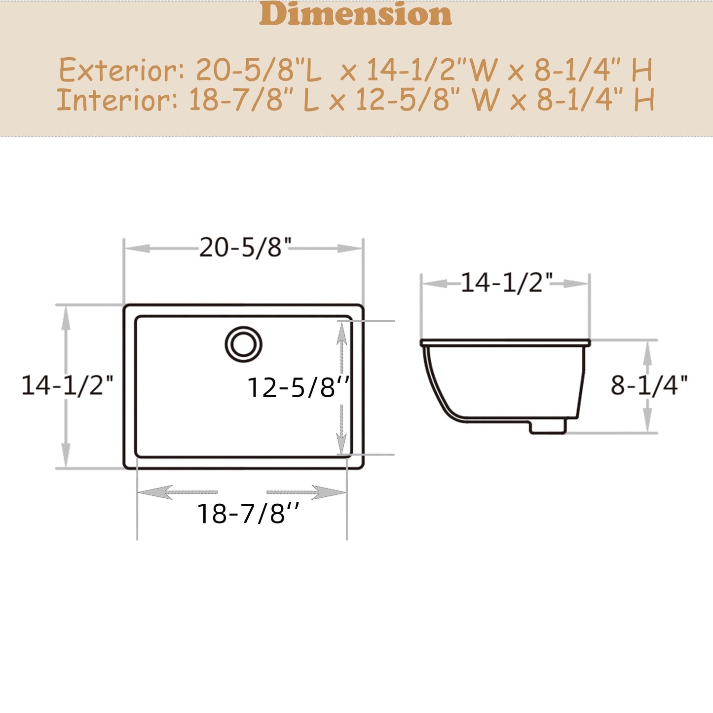 Lavandino da bagno sottotop CB HOME 20'' x 14'', lavabo da bagno rettangolare in ceramica bianca (20-5/8'' x 14-1/2'' x 8-1/4'')