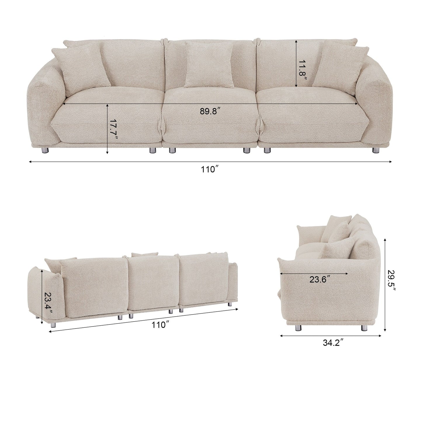 Divano Camel Modern 111 oversize a 3 posti con gambe in metallo e struttura in legno massello per soggiorno