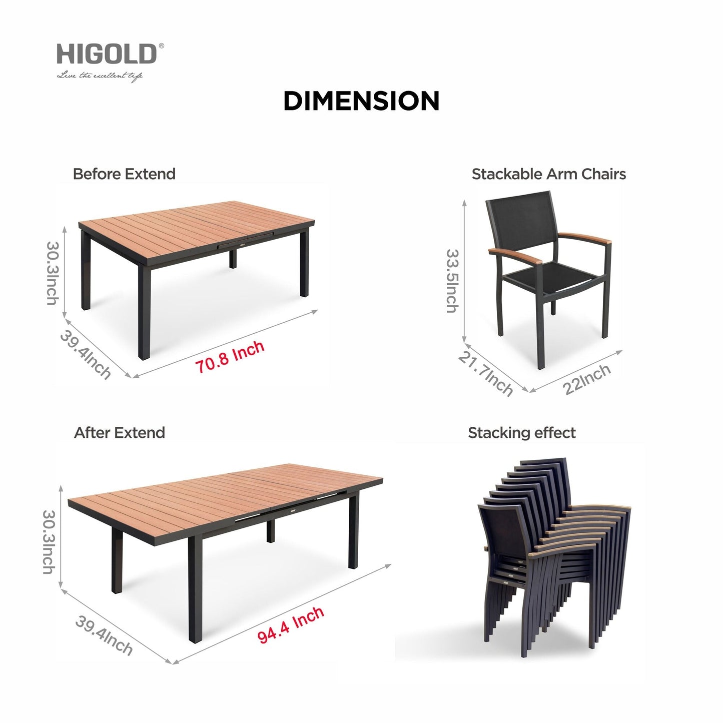 Set da pranzo da esterno Carlo in plastica effetto legno, 9 pezzi, per 8 persone, tavolo allungabile e sedia impilabile