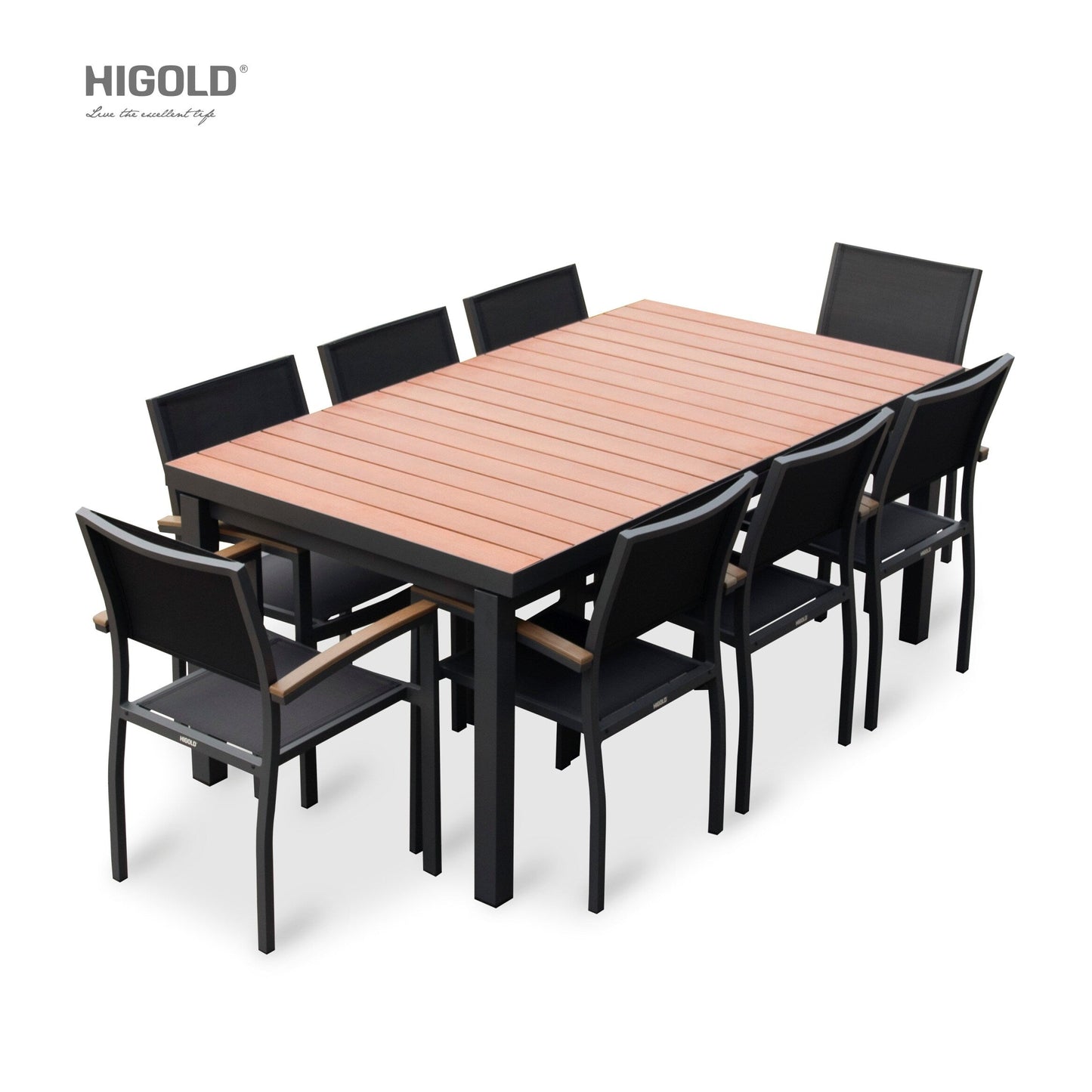 Set da pranzo da esterno Carlo in plastica effetto legno, 9 pezzi, per 8 persone, tavolo allungabile e sedia impilabile