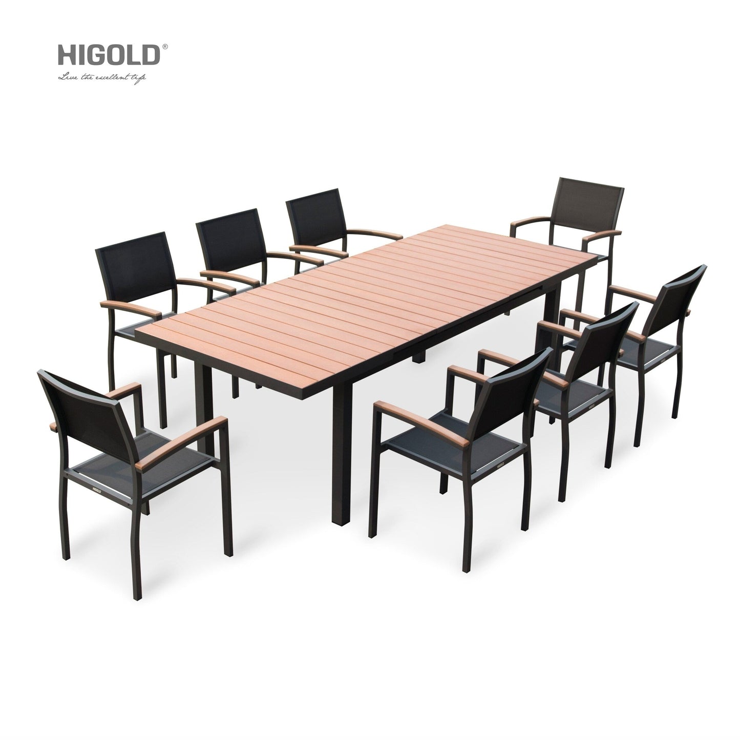 Set da pranzo da esterno Carlo in plastica effetto legno, 9 pezzi, per 8 persone, tavolo allungabile e sedia impilabile