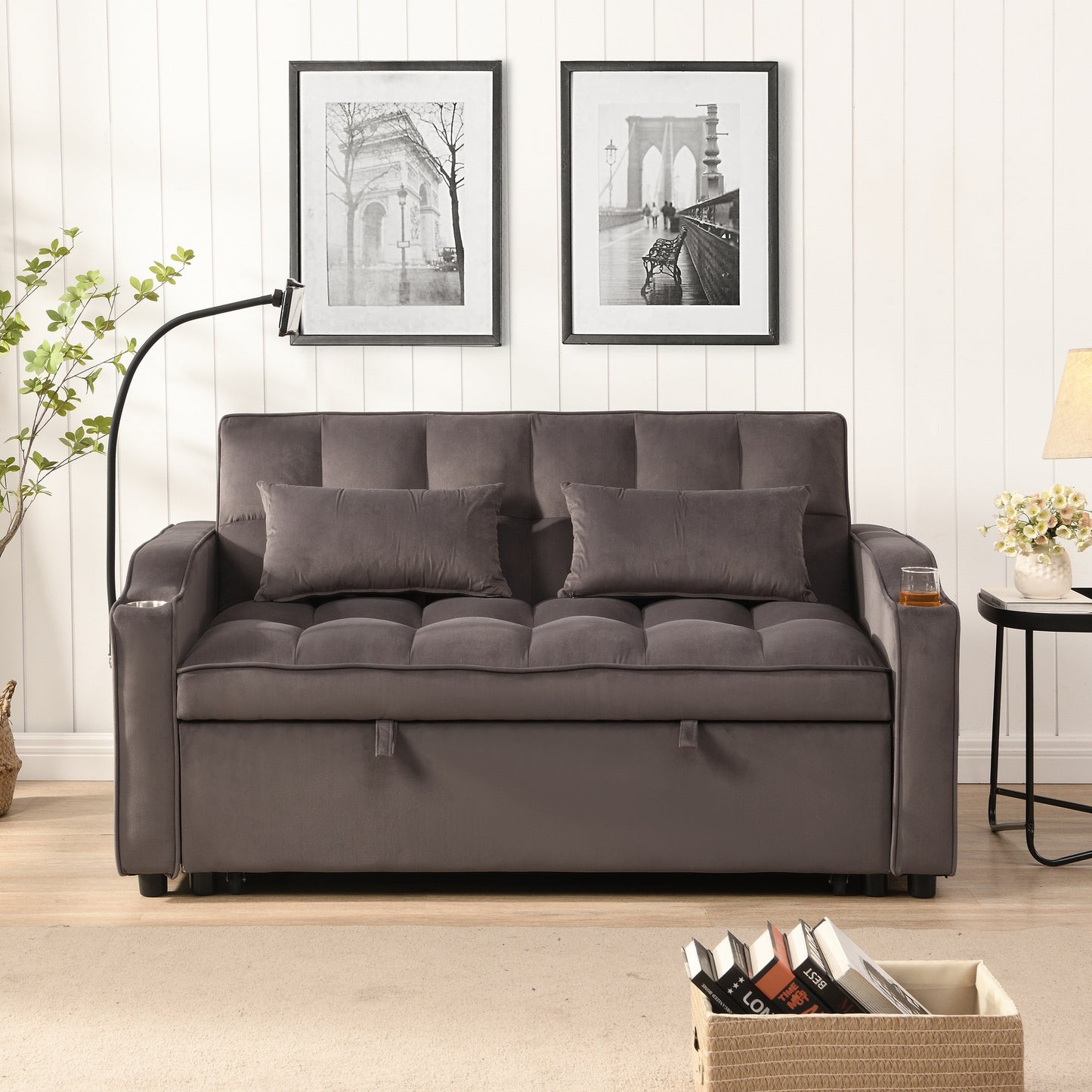Divano letto futon 3 in 1 convertibile in velluto grigio antracite moderno con schienale reclinabile regolabile e cuscini decorativi