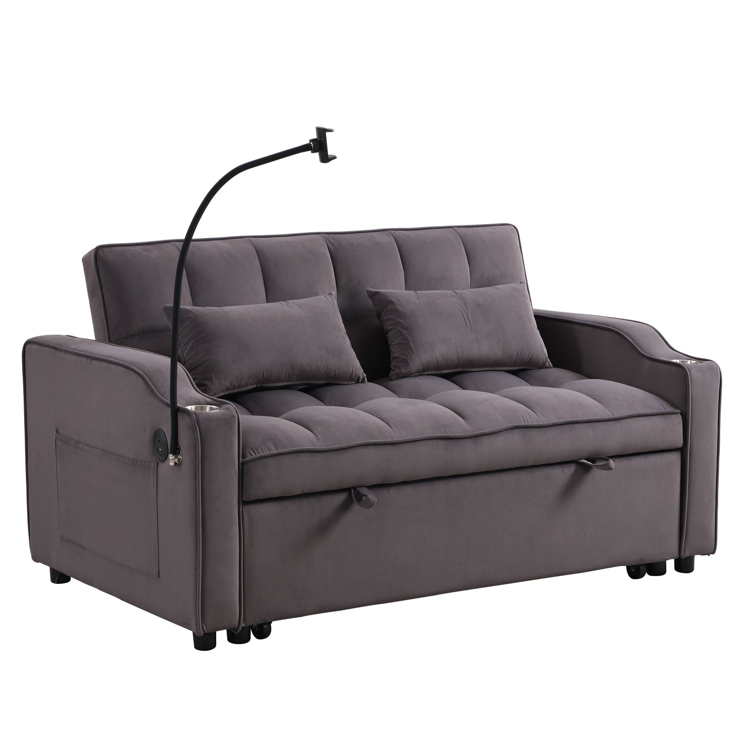 Divano letto futon 3 in 1 convertibile in velluto grigio antracite moderno con schienale reclinabile regolabile e cuscini decorativi