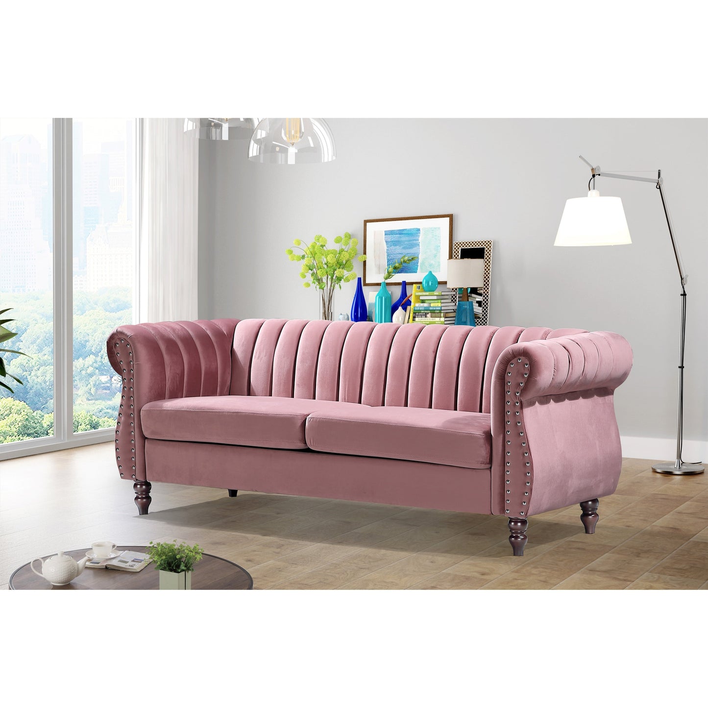 Divano Chesterfield in velluto Charlot con braccioli arrotolati