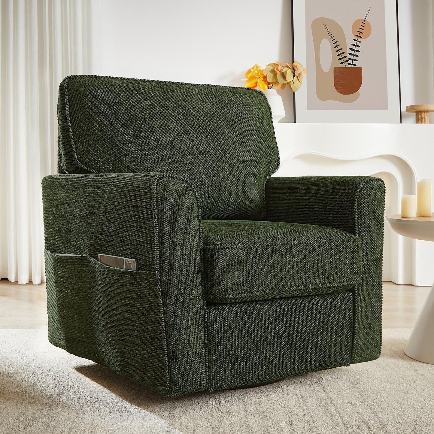 Poltrona girevole a 360° in ciniglia, poltrona moderna con tasche laterali, poltrona girevole, poltrona reclinabile ergonomica per camera da letto