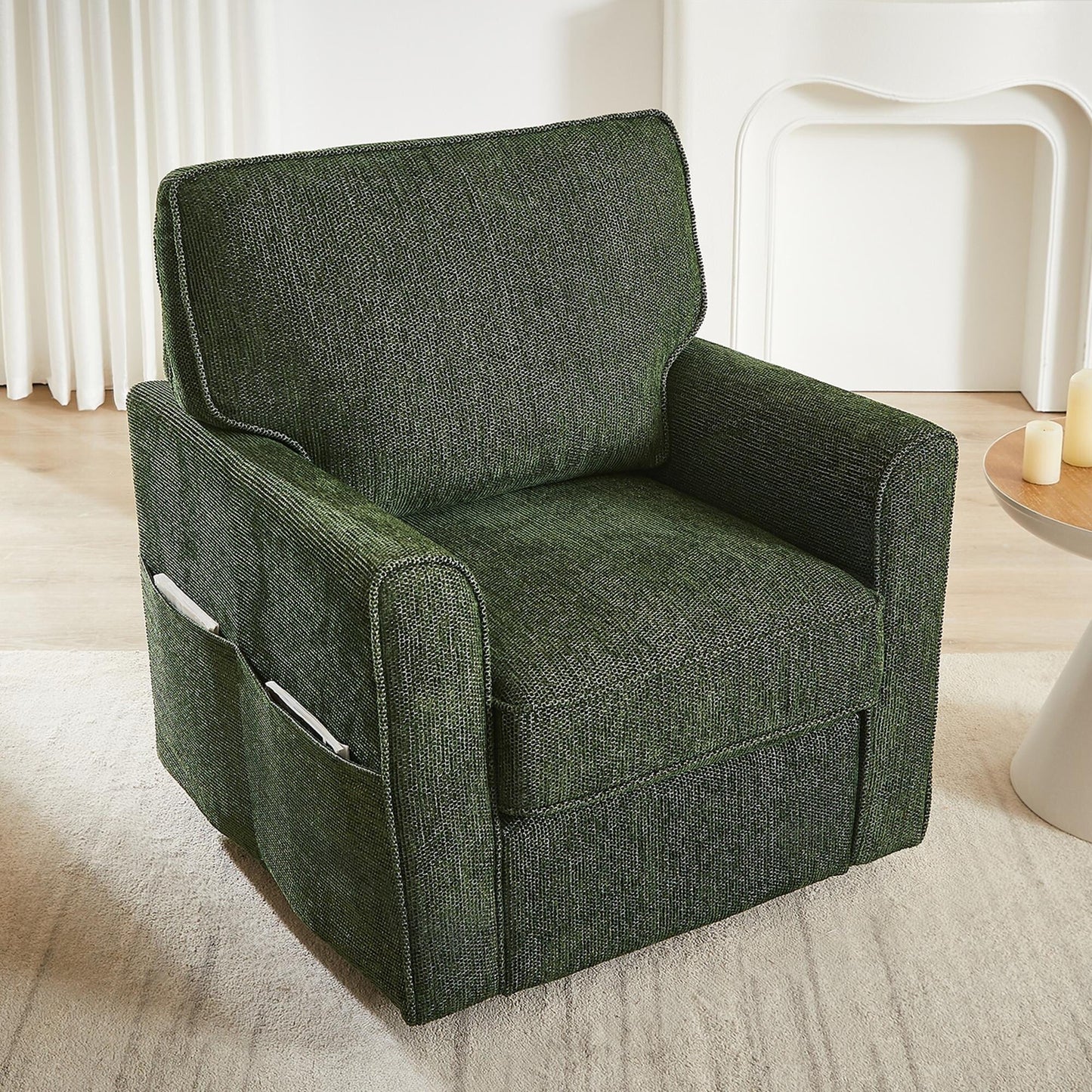 Poltrona girevole a 360° in ciniglia, poltrona moderna con tasche laterali, poltrona girevole, poltrona reclinabile ergonomica per camera da letto