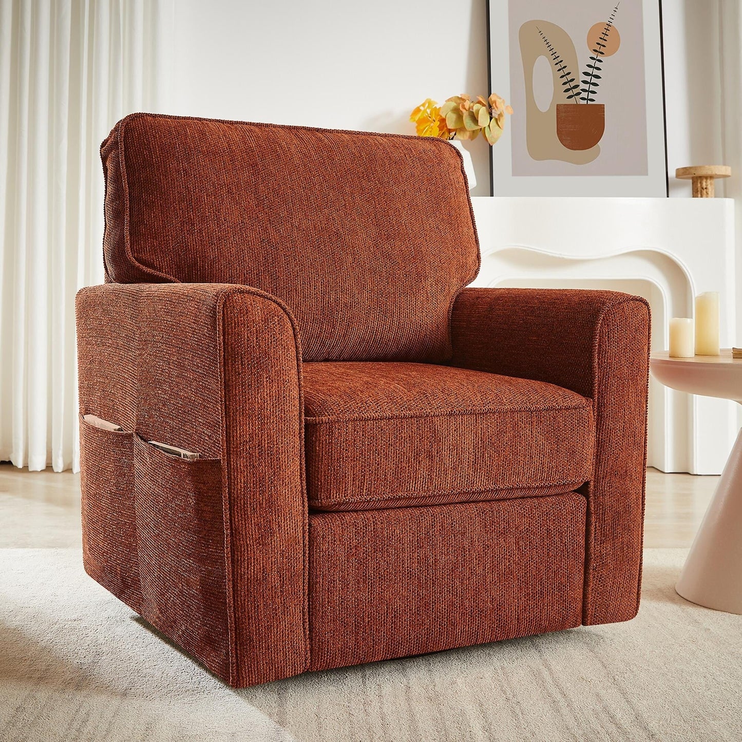 Poltrona girevole a 360° in ciniglia, poltrona moderna con tasche laterali, poltrona girevole, poltrona reclinabile ergonomica per camera da letto