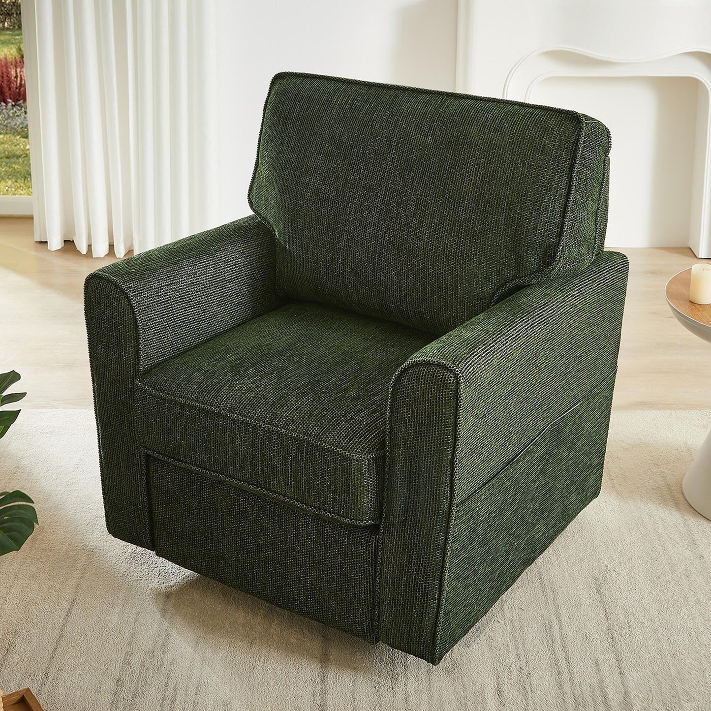 Poltrona girevole a 360° in ciniglia, poltrona moderna con tasche laterali, poltrona girevole, poltrona reclinabile ergonomica per camera da letto