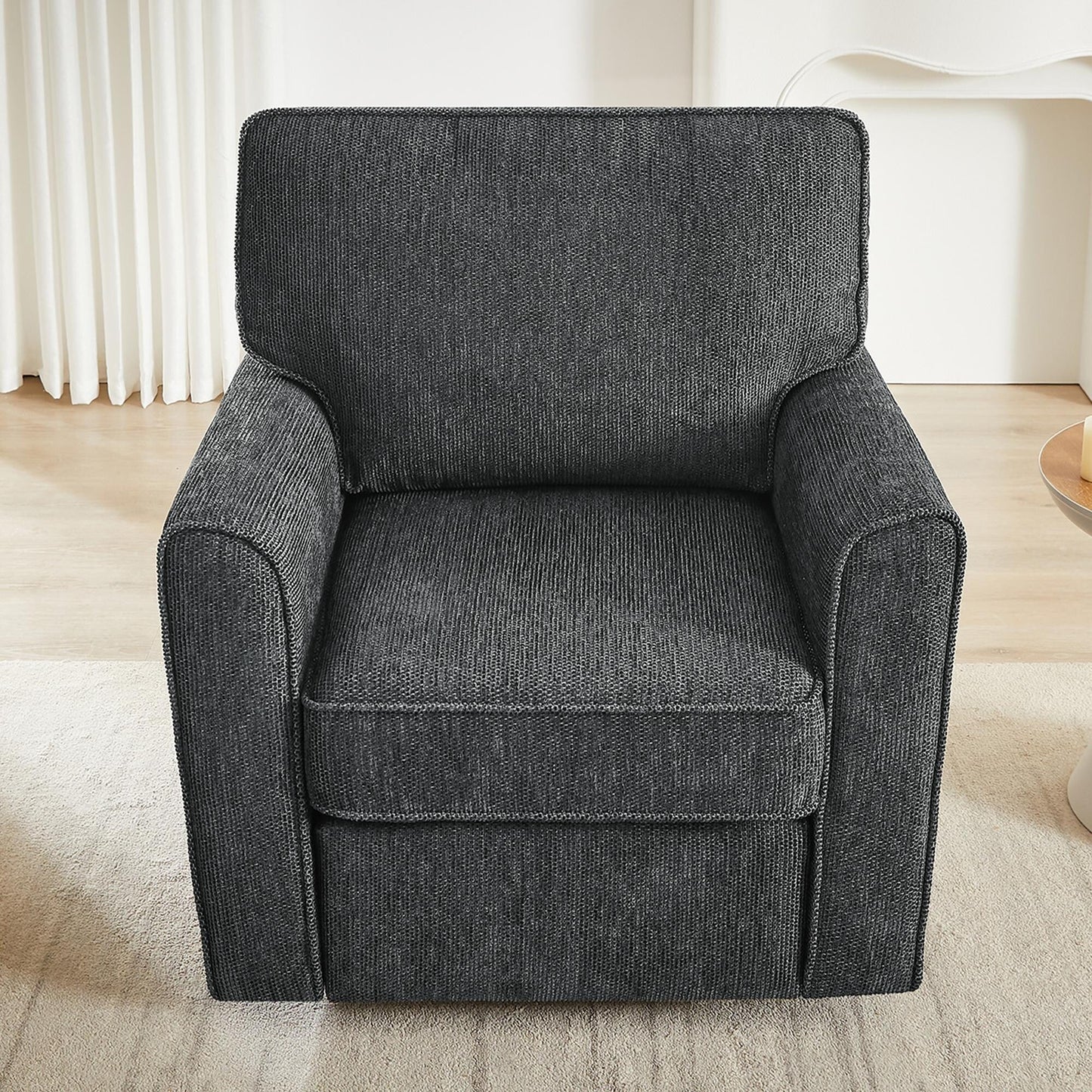 Poltrona girevole a 360° in ciniglia, poltrona moderna con tasche laterali, poltrona girevole, poltrona reclinabile ergonomica per camera da letto