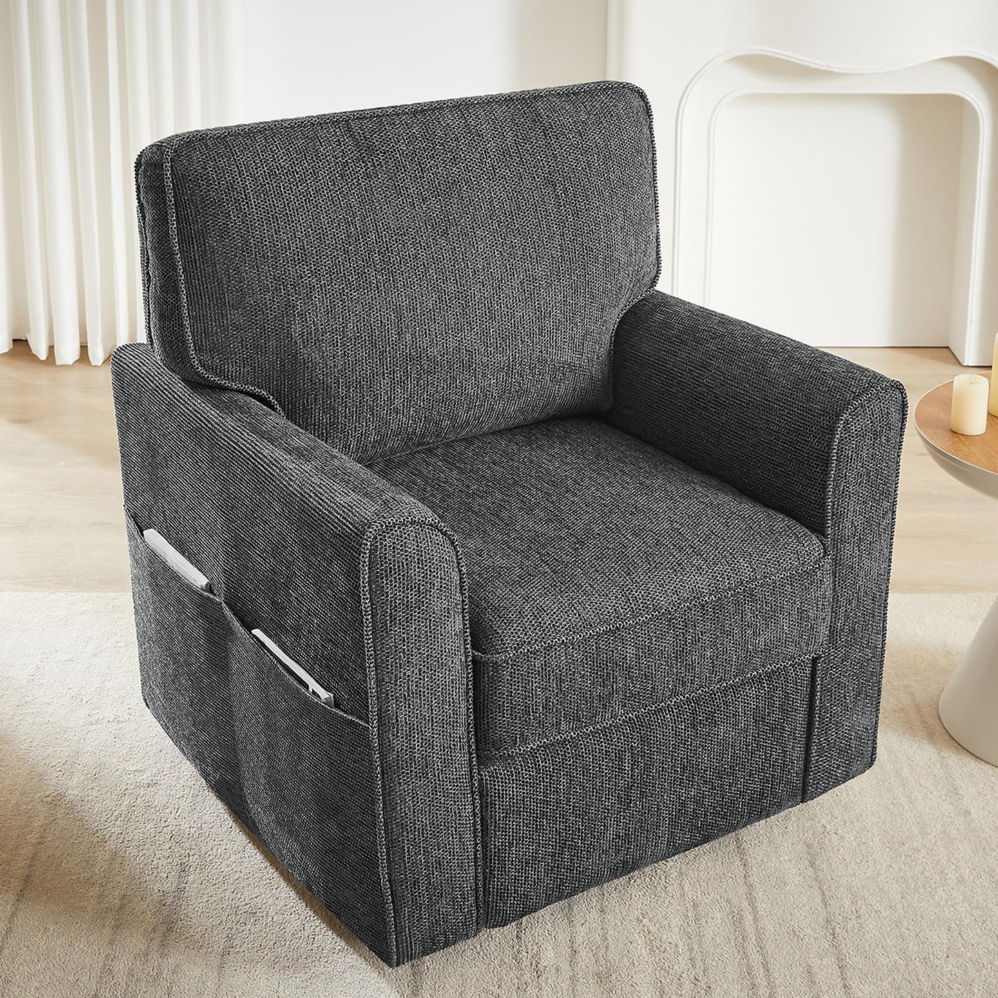 Poltrona girevole a 360° in ciniglia, poltrona moderna con tasche laterali, poltrona girevole, poltrona reclinabile ergonomica per camera da letto