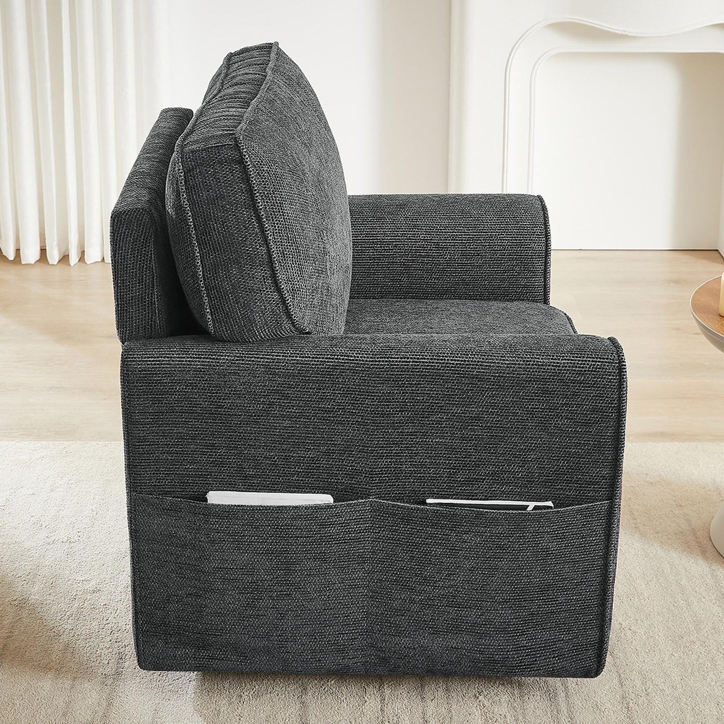 Poltrona girevole a 360° in ciniglia, poltrona moderna con tasche laterali, poltrona girevole, poltrona reclinabile ergonomica per camera da letto
