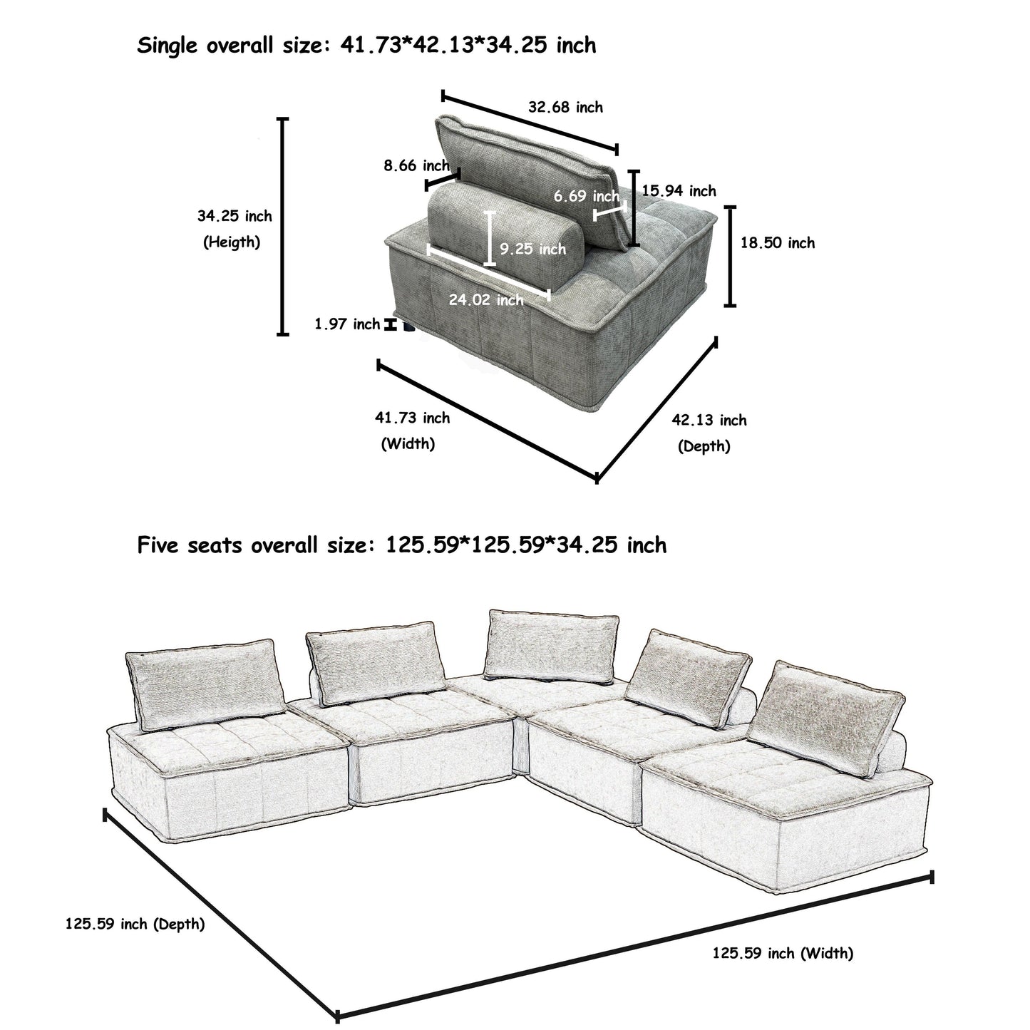 Set di divani modulari Chenille da 5 pezzi