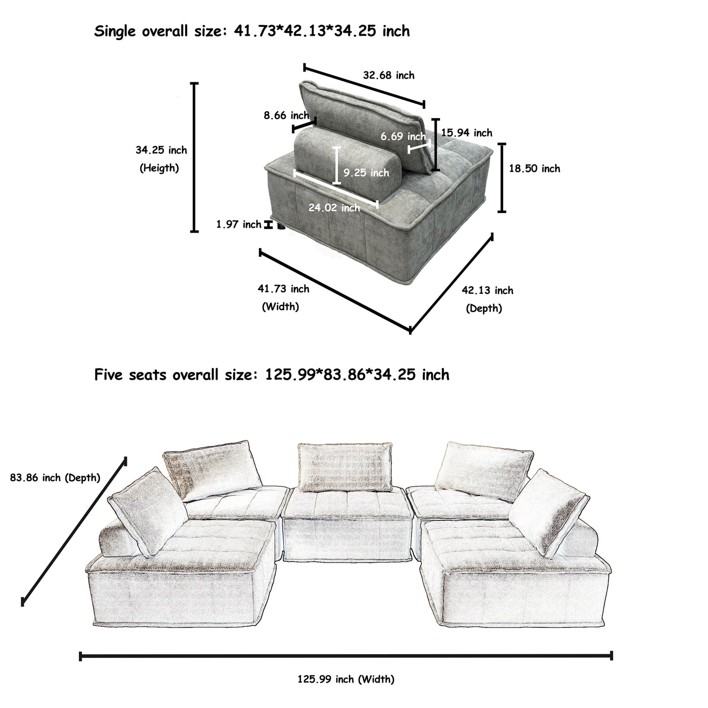 Set di divani modulari Chenille da 5 pezzi
