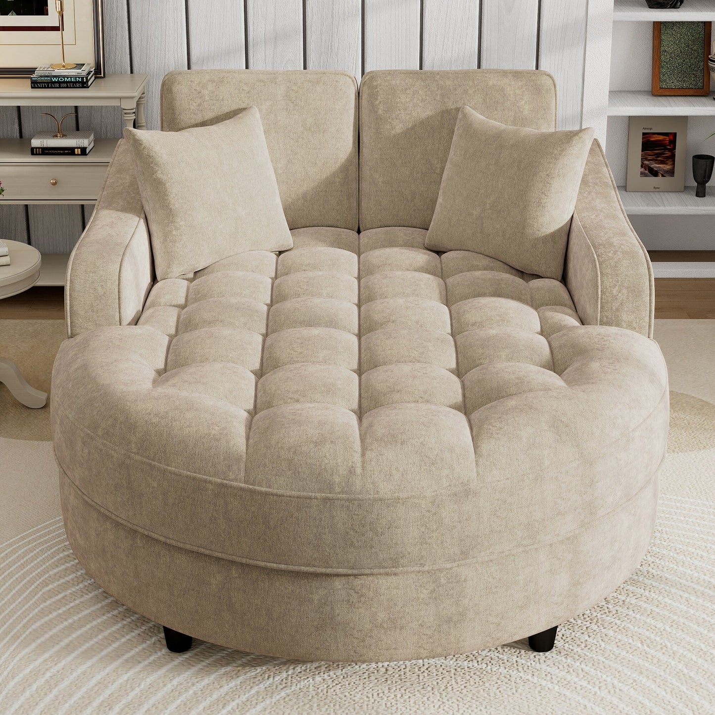 Divano letto con chaise longue in ciniglia, divano imbottito con schienale trapuntato e 2 cuscini staccabili per soggiorno