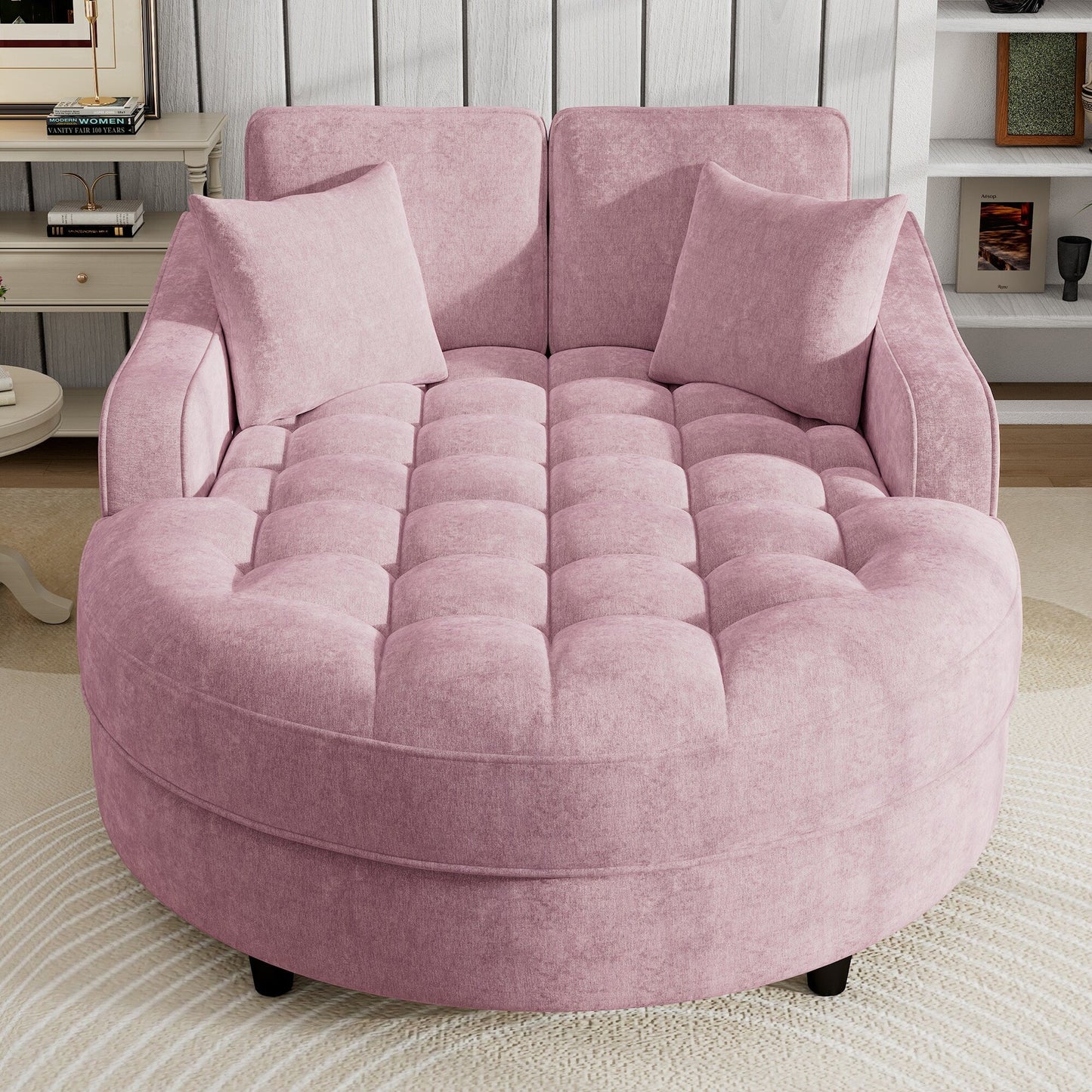 Divano letto con chaise longue in ciniglia, divano imbottito con schienale trapuntato e 2 cuscini staccabili per soggiorno