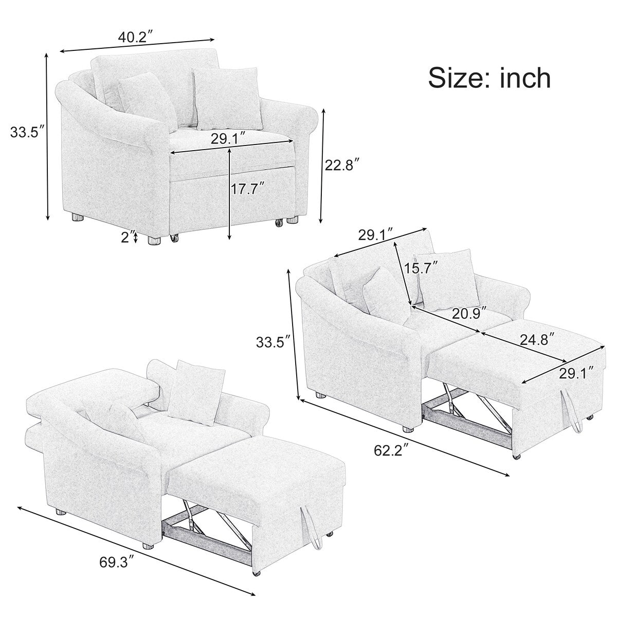 Poltrona letto trasformabile in ciniglia con schienale regolabile, poltrona 3 in 1 che si trasforma in letto, letto singolo per soggiorno