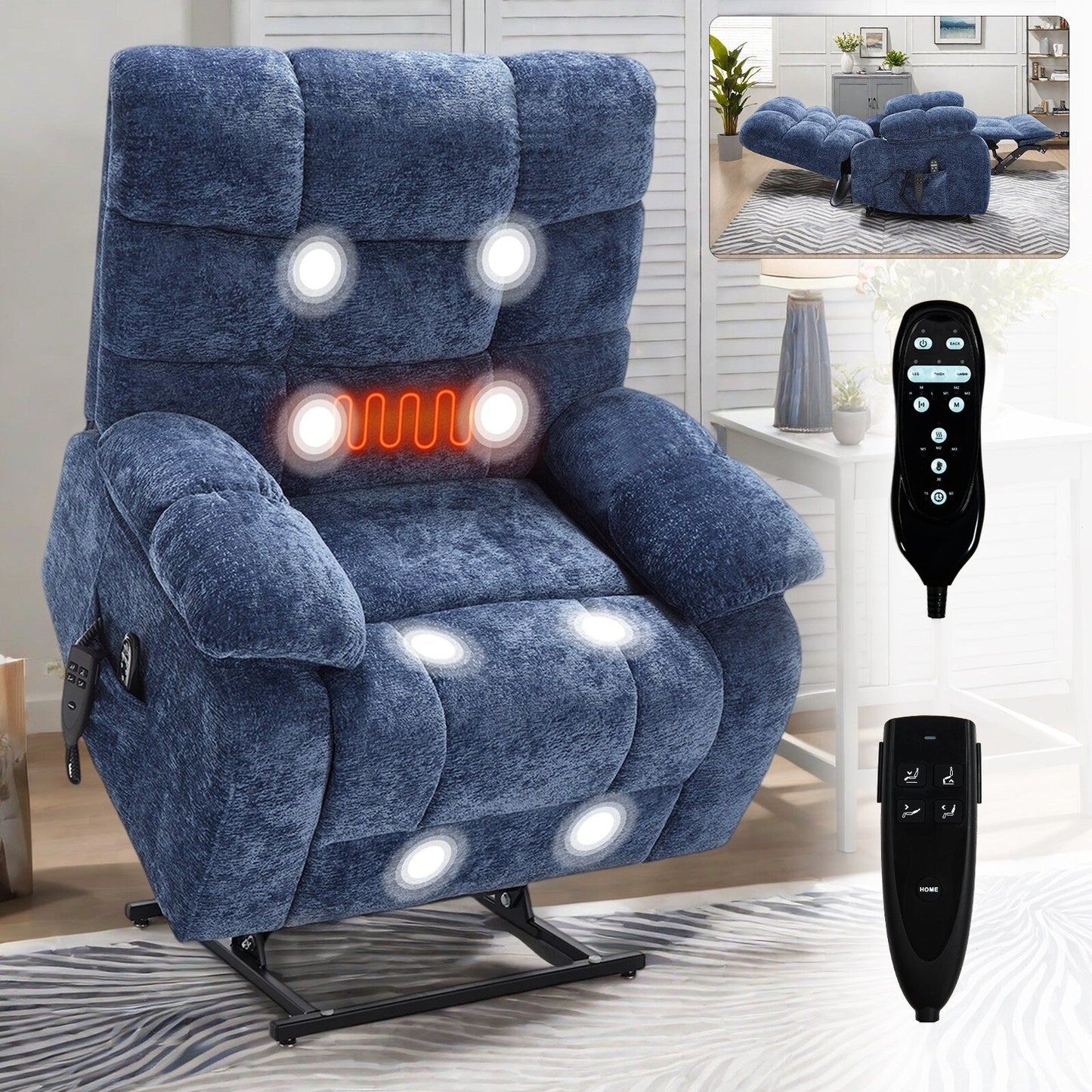 Poltrona reclinabile elettrica Chenille Dual Motor Infinite Position, poltrona reclinabile oversize con massaggio termico e telecomando elettrico