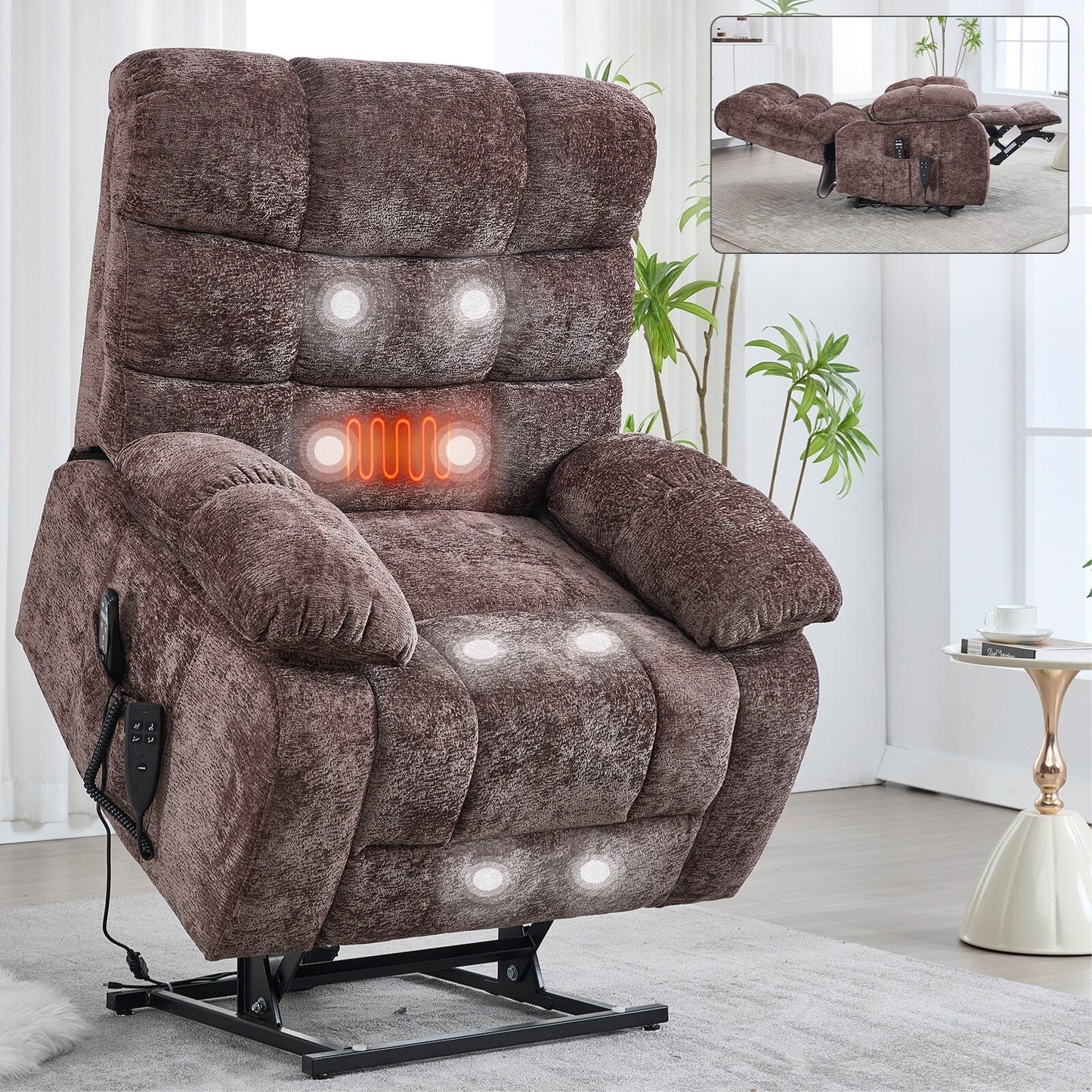 Poltrona reclinabile elettrica Chenille Dual Motor Infinite Position, poltrona reclinabile oversize con massaggio termico e telecomando elettrico