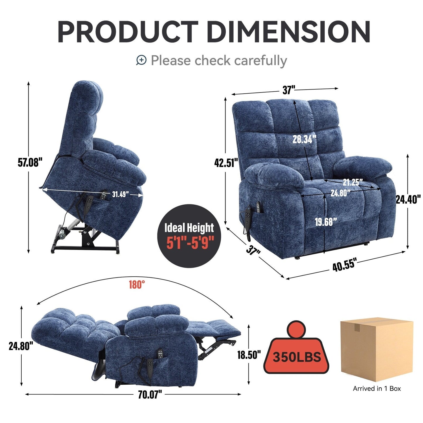 Poltrona reclinabile elettrica Chenille Dual Motor Infinite Position, poltrona reclinabile oversize con massaggio termico e telecomando elettrico