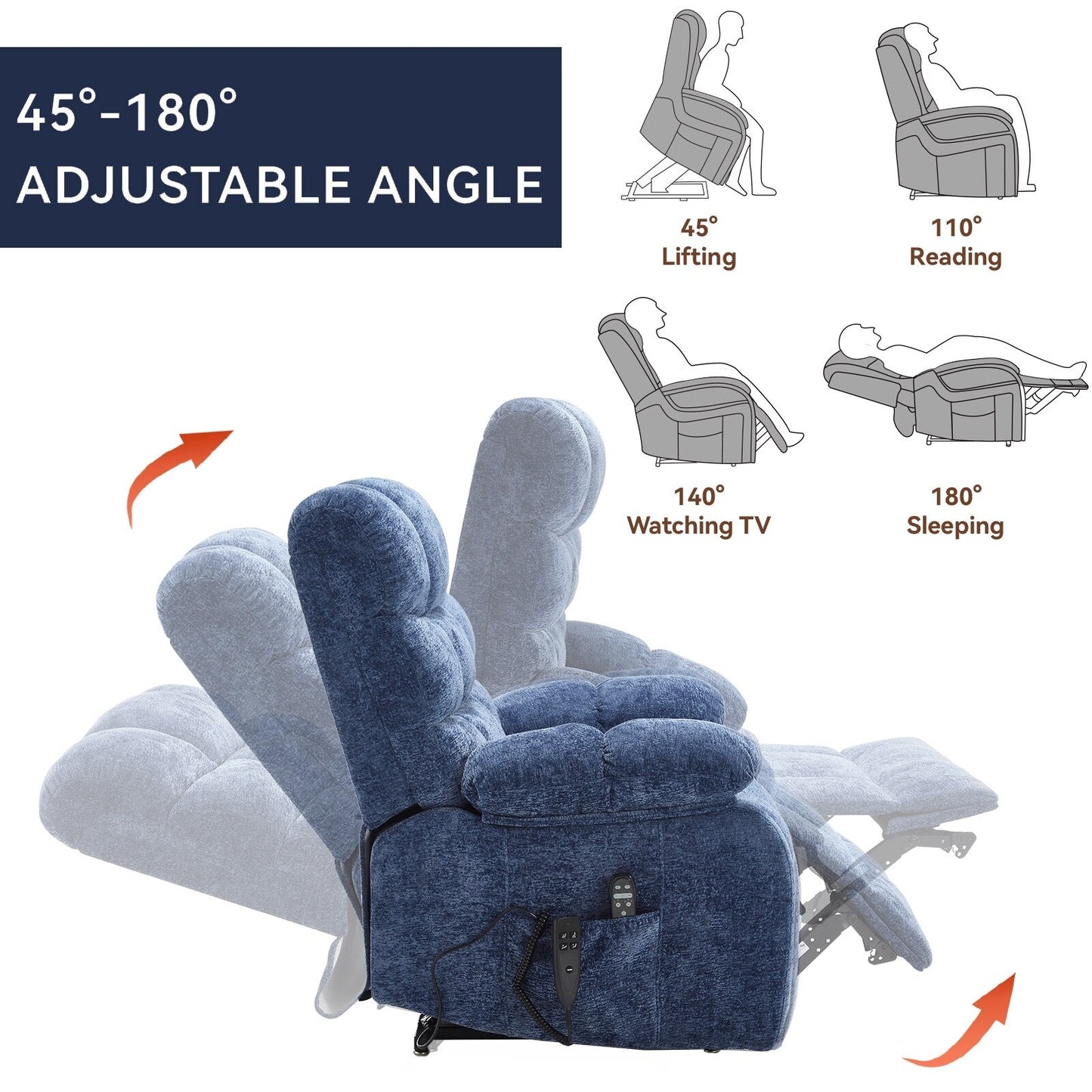 Poltrona reclinabile elettrica Chenille Dual Motor Infinite Position, poltrona reclinabile oversize con massaggio termico e telecomando elettrico
