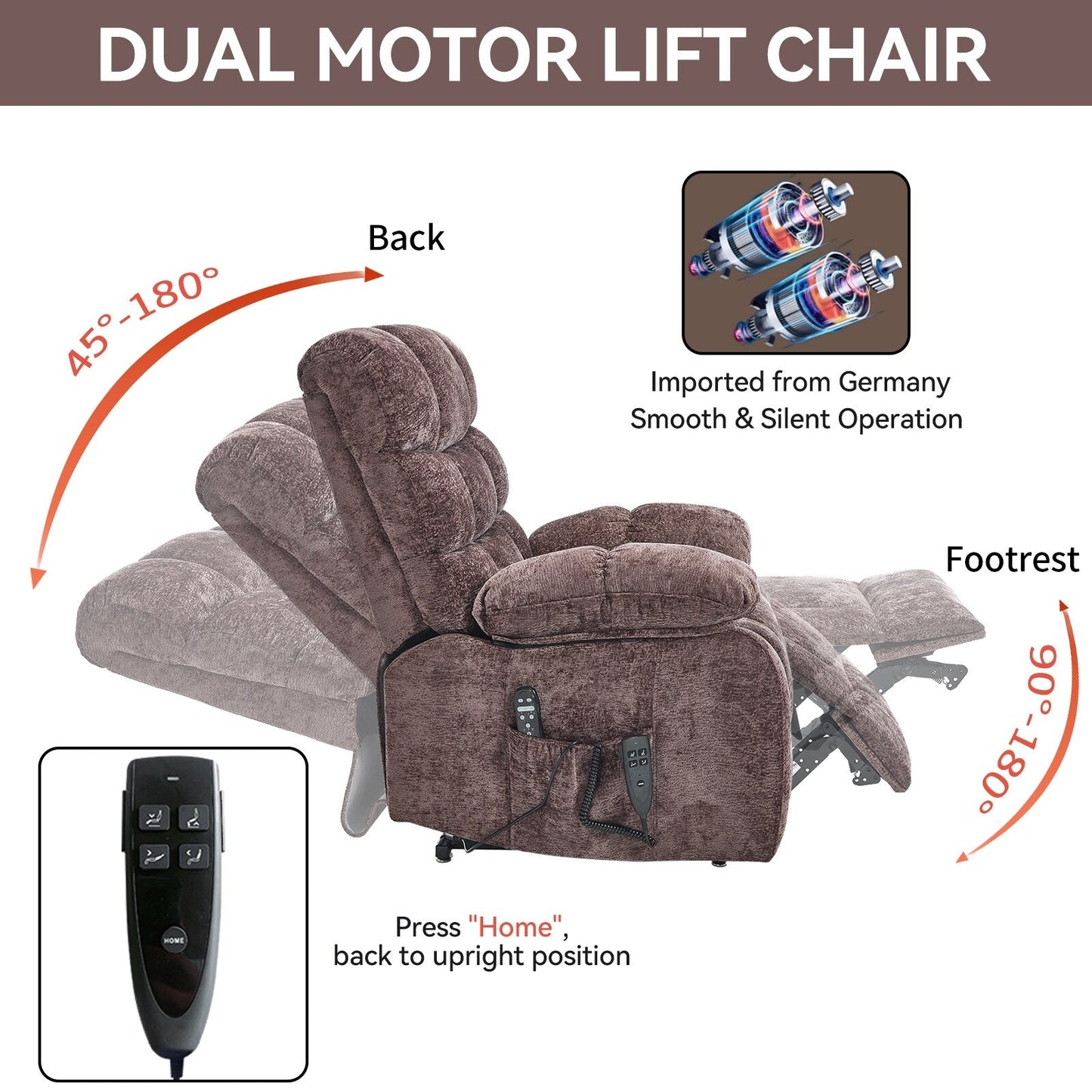 Poltrona reclinabile elettrica Chenille Dual Motor Infinite Position, poltrona reclinabile oversize con massaggio termico e telecomando elettrico