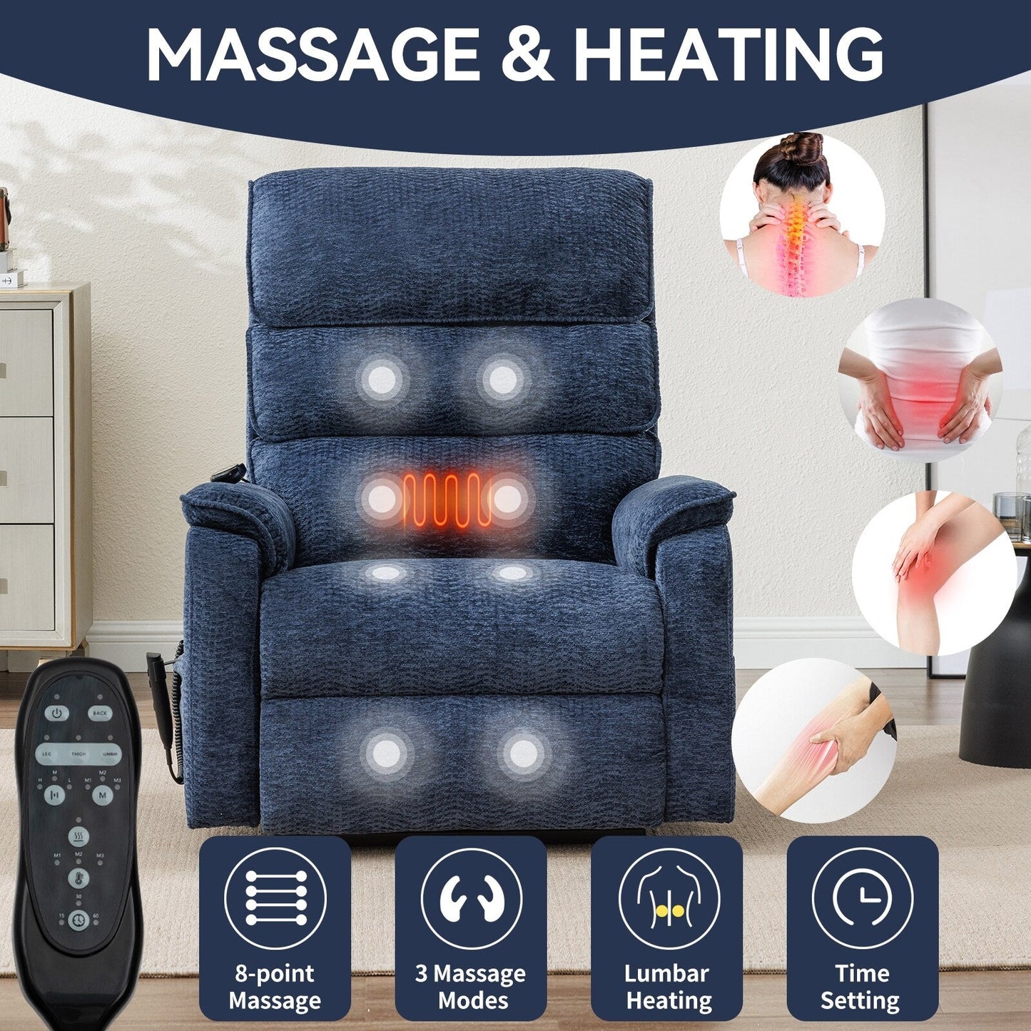 Poltrona reclinabile Chenille Dual Motor Infinite Power Lift con telecomando, massaggio termico e meccanismo di movimento per impieghi gravosi