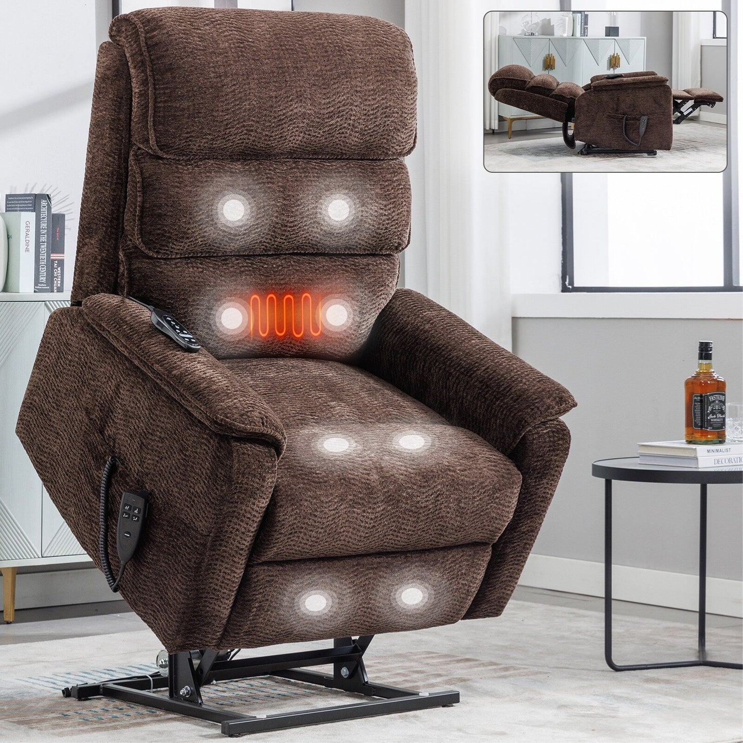 Poltrona reclinabile Chenille Dual Motor Infinite Power Lift con telecomando, massaggio termico e meccanismo di movimento per impieghi gravosi