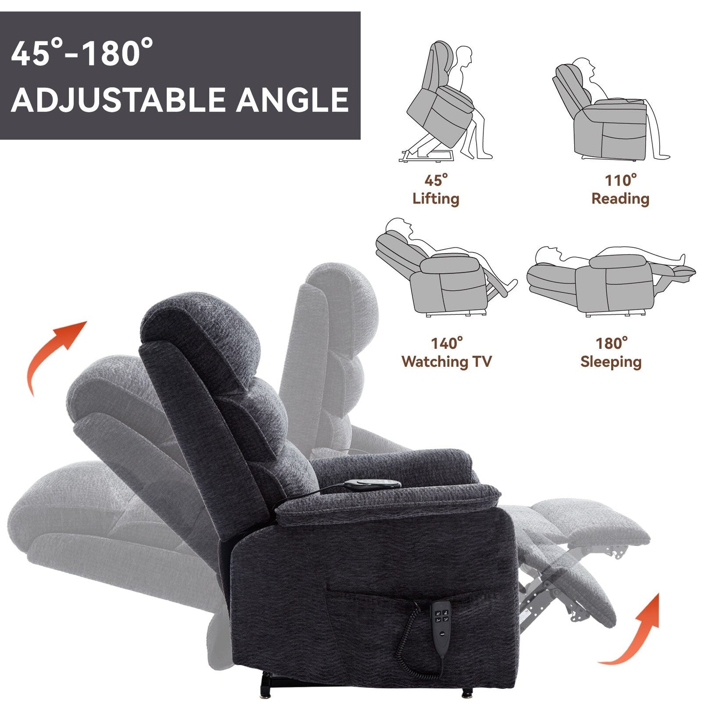 Poltrona reclinabile Chenille Dual Motor Infinite Power Lift con telecomando, massaggio termico e meccanismo di movimento per impieghi gravosi