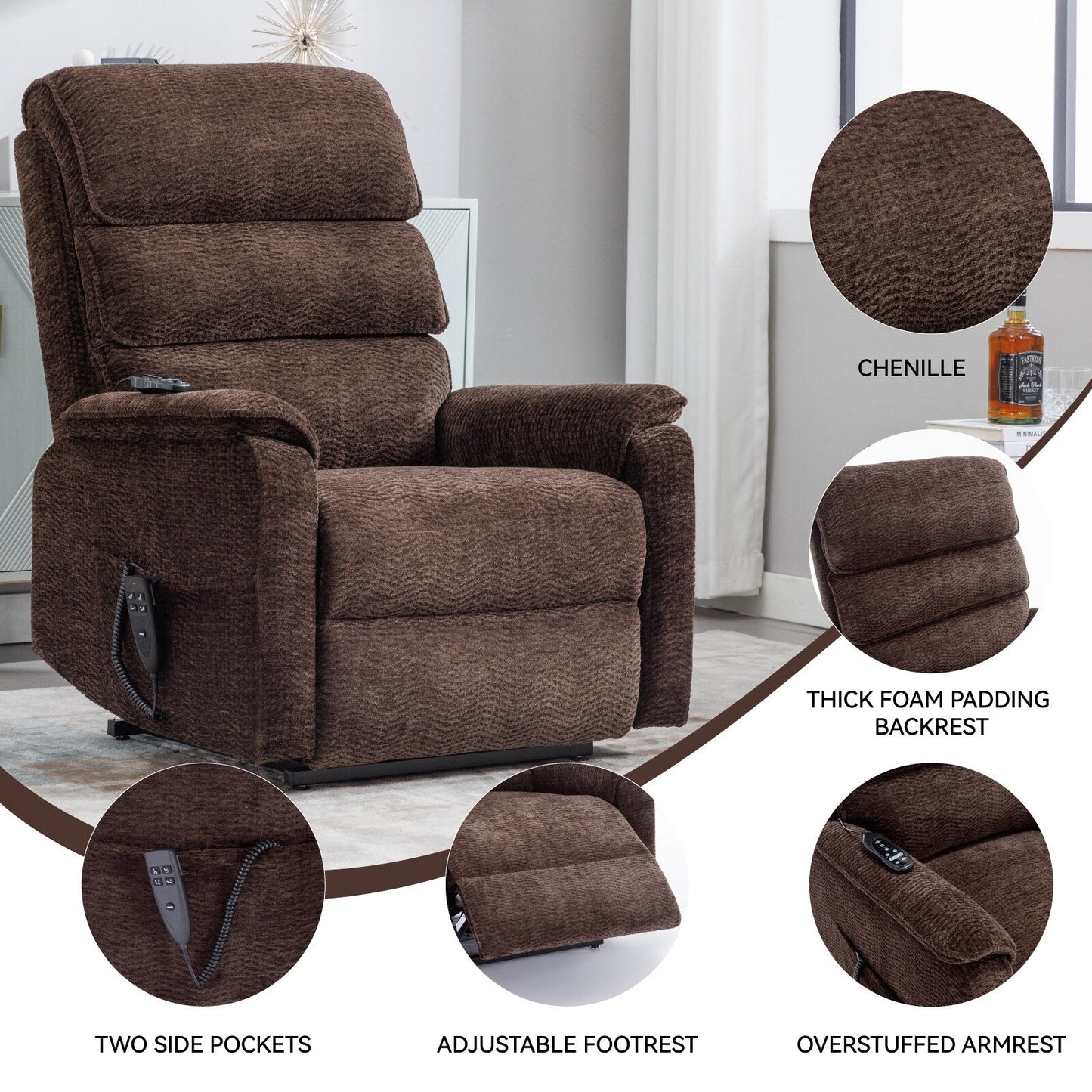 Poltrona reclinabile Chenille Dual Motor Infinite Power Lift con telecomando, massaggio termico e meccanismo di movimento per impieghi gravosi