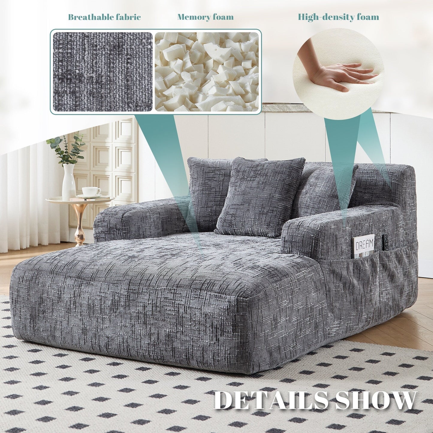 Divano letto Chenille Lazy Sofa con cuscini - Poltrona trasformabile con braccioli, divano letto multiposizione per soggiorno