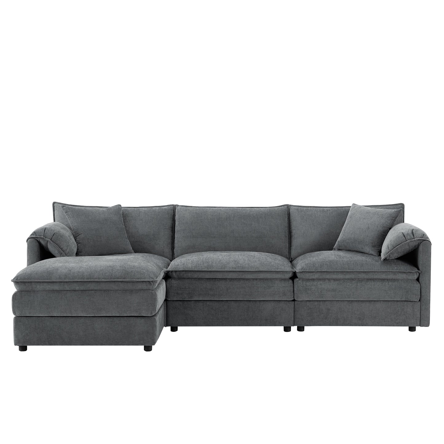 Divano componibile modulare in ciniglia con seduta profonda e ampia, divano a forma di L con doppi cuscini, divano con pouf mobile