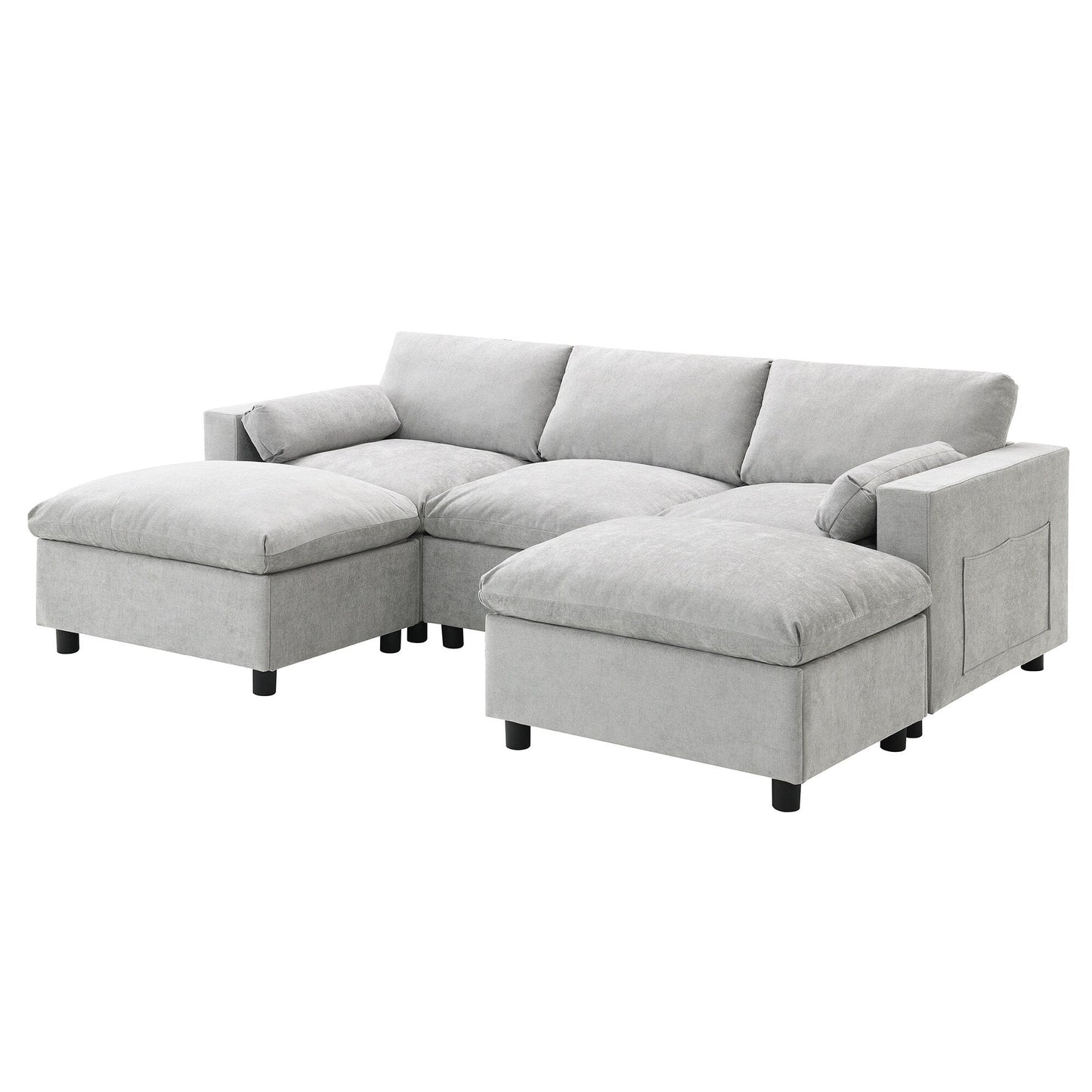 Divano componibile modulare in ciniglia con tasche portaoggetti, divano a U da 5 posti con cuscini, divano Cloud con 2 pouf mobili