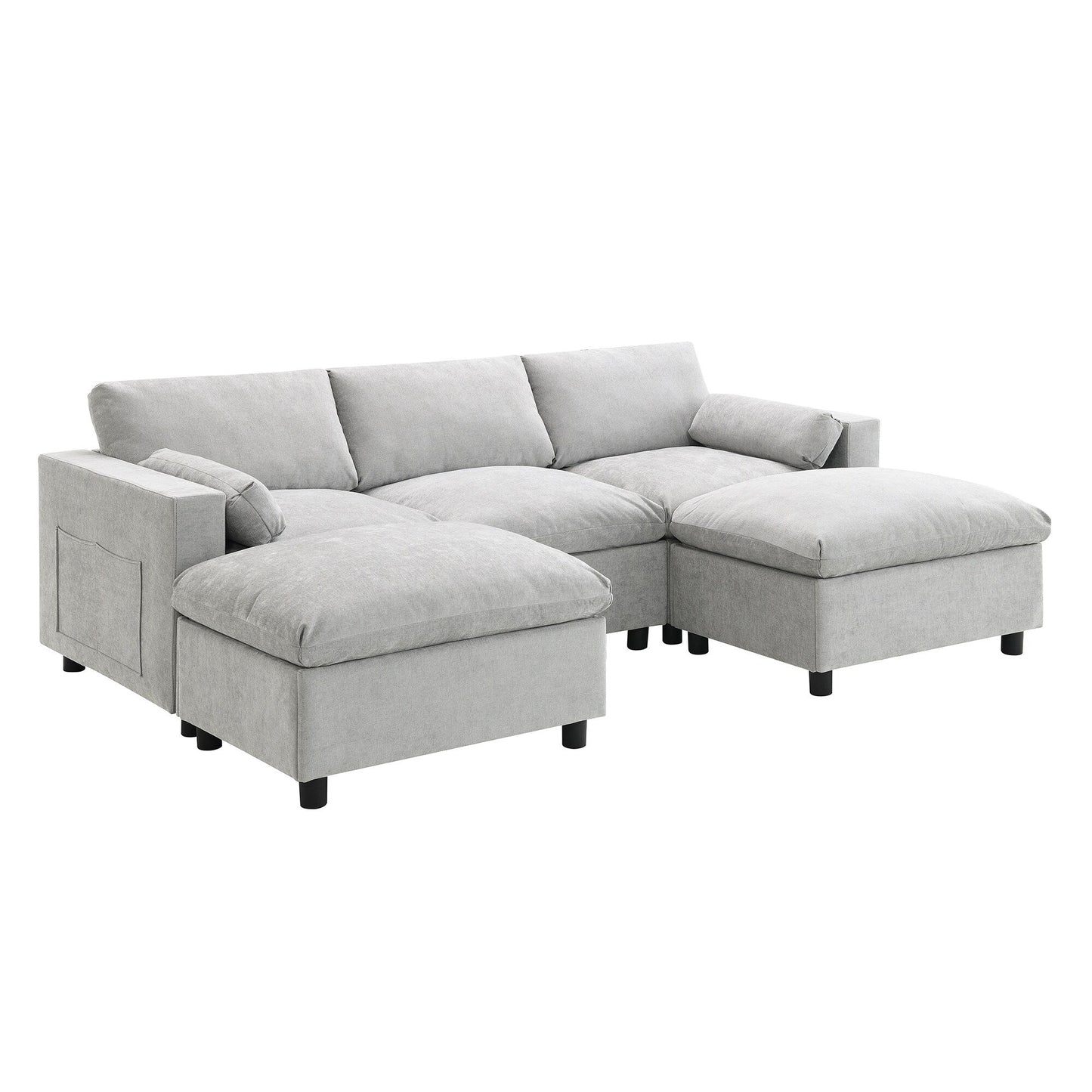 Divano componibile modulare in ciniglia con tasche portaoggetti, divano a U da 5 posti con cuscini, divano Cloud con 2 pouf mobili