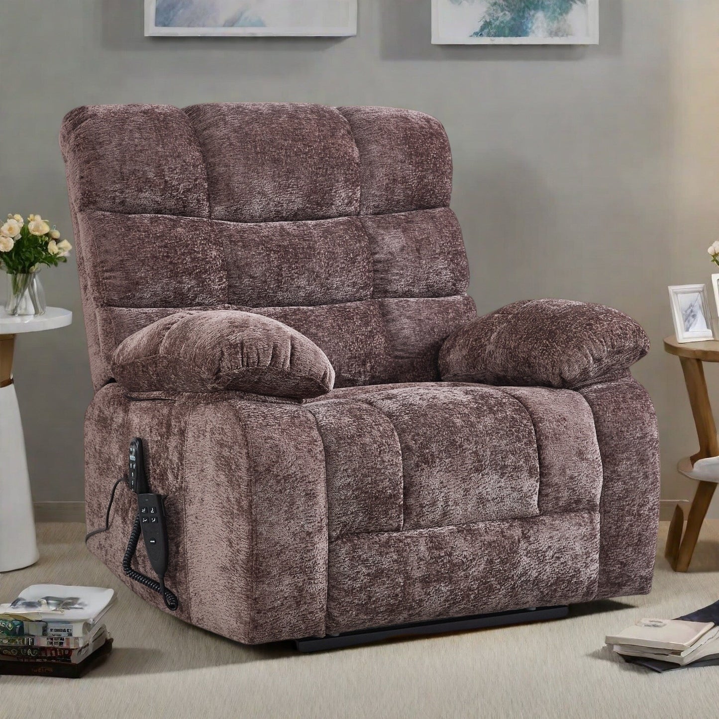 Poltrona reclinabile elettrica Chenille per persone alte e grandi con massaggio, riscaldamento, doppi motori e reclinazione a 180°