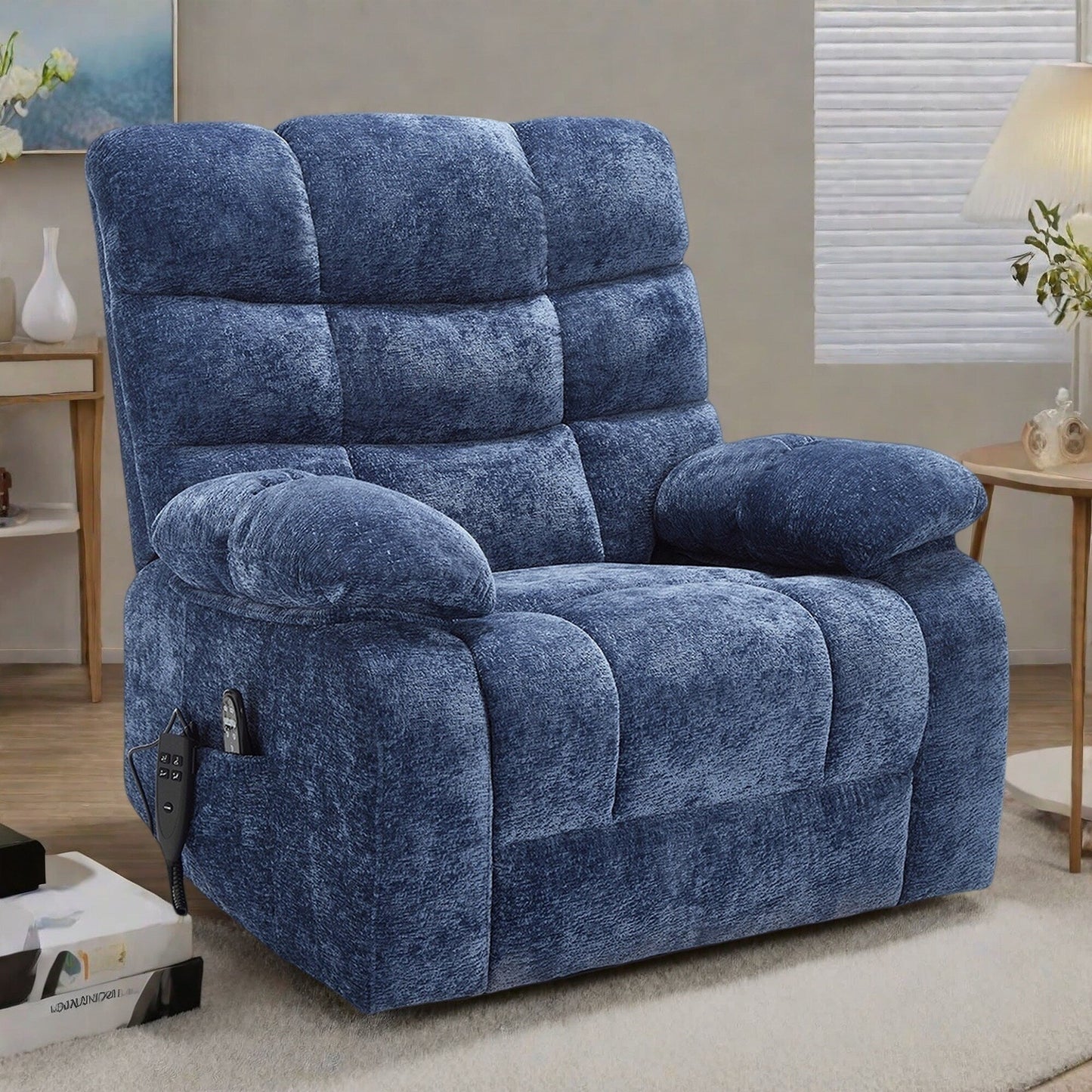 Poltrona reclinabile elettrica Chenille per persone alte e grandi con massaggio, riscaldamento, doppi motori e reclinazione a 180°
